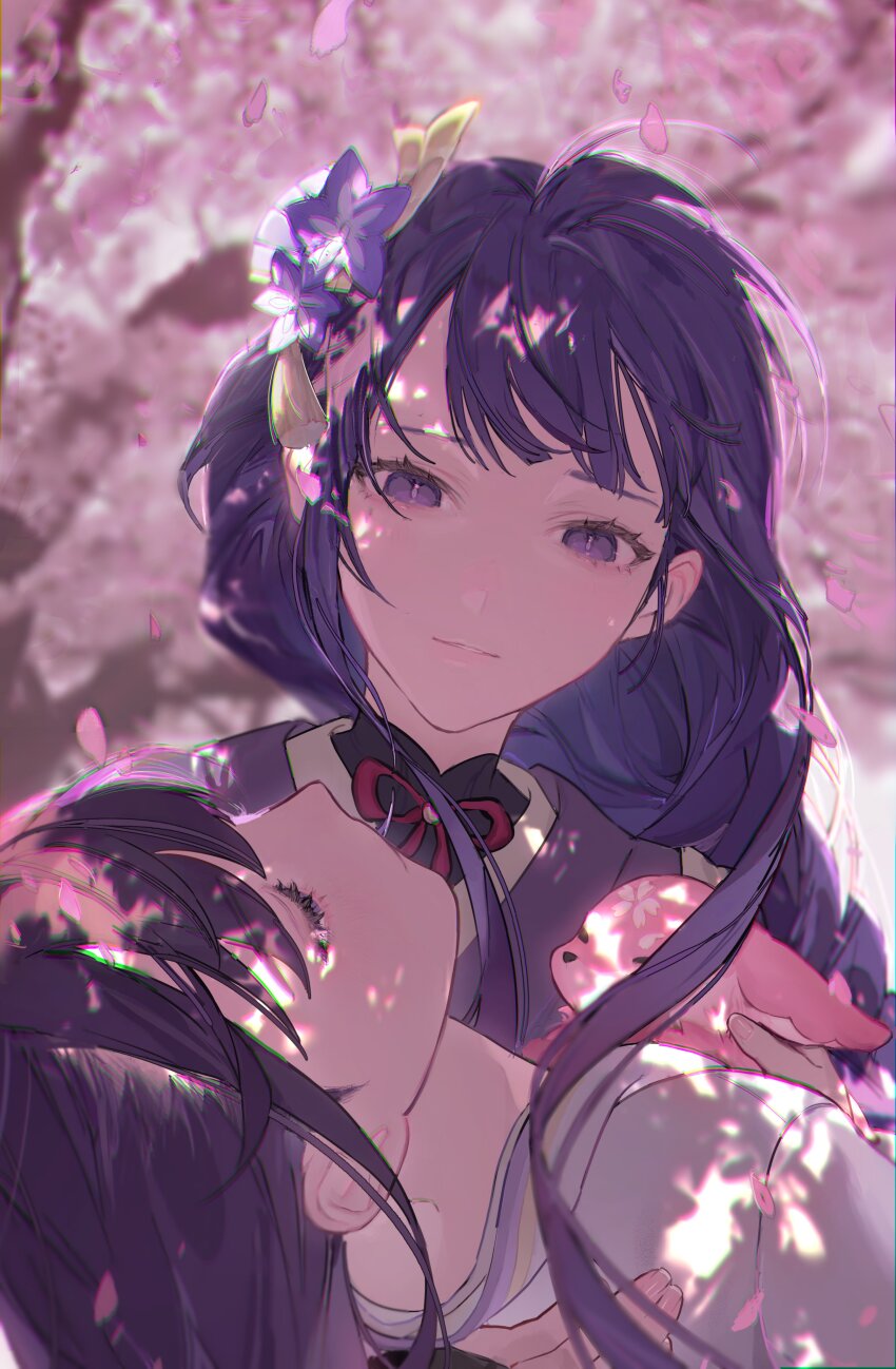 2girls absurdres commentary flower fox genshin_impact hair_flower hair_ornament hashtag-only_commentary highres japanese_clothes kimono long_hair looking_down makoto_(genshin_impact) mmmmmoill multiple_girls purple_eyes purple_hair purple_kimono raiden_shogun siblings sisters smile twins white_kimono yae_miko yae_miko_(fox)