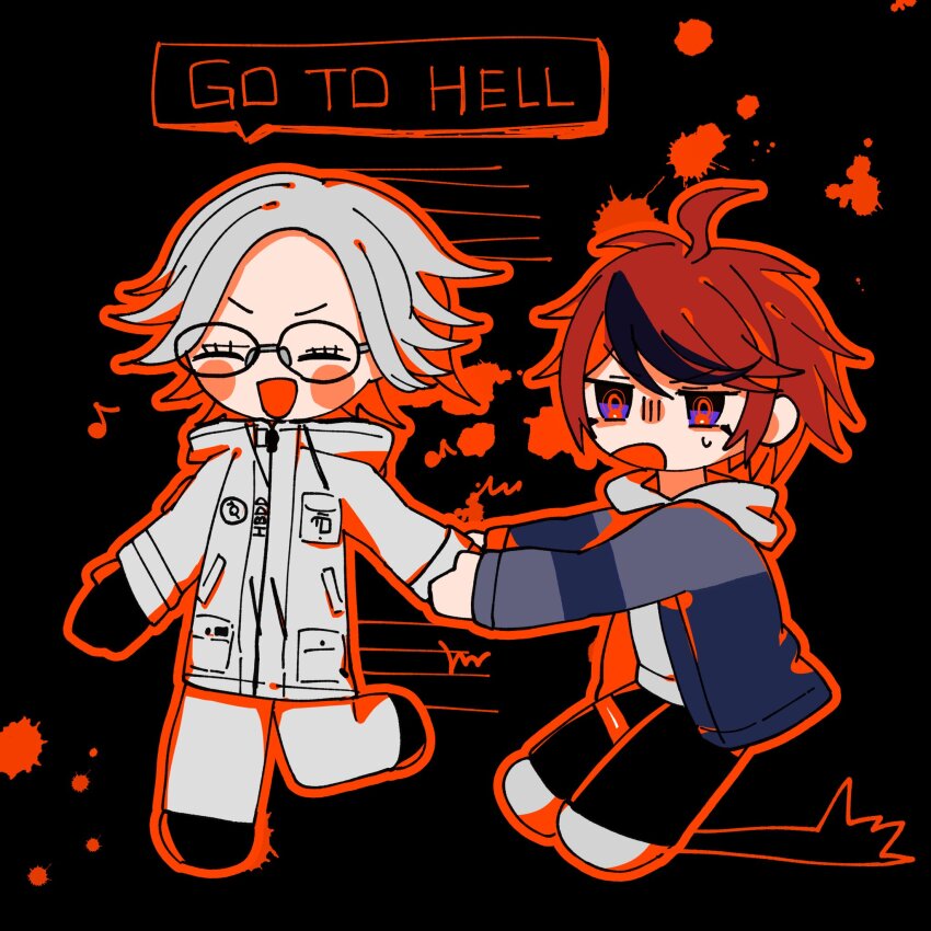 2boys ahoge aotsuki_eito black_background black_hair blue_eyes blush chibi chibi_only closed_eyes glasses highres holding_hands messy_hair multicolored_eyes multicolored_hair multiple_boys open_mouth outline red_eyes red_hair red_outline sumino_takumi the_hundred_line_-last_defense_academy- white_hair