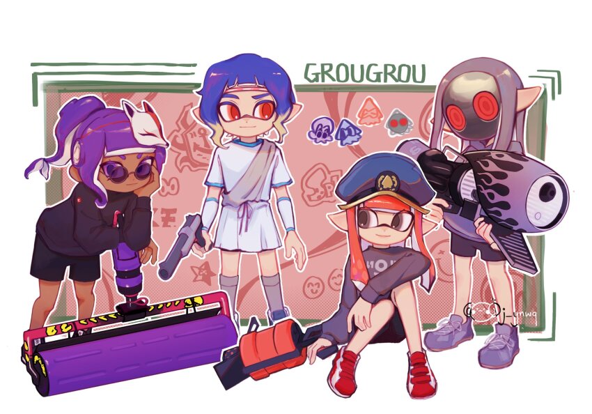 .52_gal_(splatoon) 4girls blue_hair border carbon_roller_(splatoon) closed_mouth commentary cosplay dark-skinned_female dark_skin english_commentary fox_mask full_body grey_sweater gun hat high_ponytail highres holding holding_gun holding_weapon inkling_boy inkling_girl inkling_player_character j_ynwq leaning_forward long_hair mask medium_hair multiple_girls n-zap_(splatoon) nintendo octoling_girl octoling_player_character orange_hair outside_border parallel_canon_(cosplay) parallel_canon_(splatoon) peaked_cap pointy_ears ponytail purple_hair range_blaster_(splatoon) red_background red_eyes red_footwear round_eyewear shoes sitting smile splatoon_(series) standing sunglasses sweater tentacle_hair unworn_mask weapon white_border