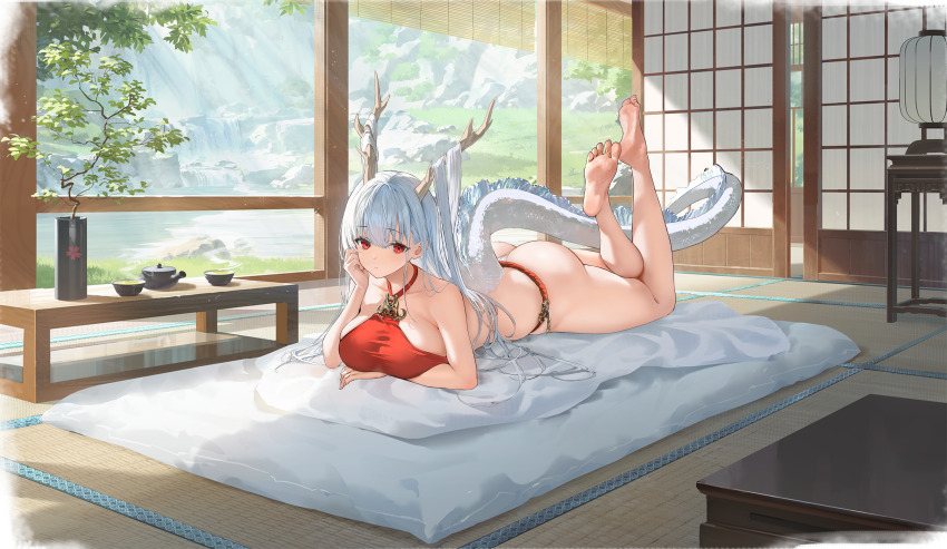 1girl absurdres architecture arm_under_breasts ass azur_lane bare_arms bare_legs bare_shoulders barefoot bikini bowl breast_rest breasts chinese_clothes closed_mouth cup day dragon_girl dragon_horns dragon_tail dudou east_asian_architecture elbow_rest feet feet_up full_body fundoshi futon halterneck hand_on_own_cheek hand_on_own_face highres horns indoors japanese_clothes kettle lantern large_breasts legs legs_up long_hair looking_at_viewer lying mimoza_(96mimo414) non-web_source official_alternate_costume official_art on_bed on_stomach panties plant red_eyes red_fundoshi shimanto_(azur_lane) shimanto_(the_relaxing_dragon_god)_(azur_lane) shouji sliding_doors smile soles solo sunlight swimsuit table tail tankini tatami teacup the_pose thighs toes tree underwear vase very_long_hair white_hair white_tail window