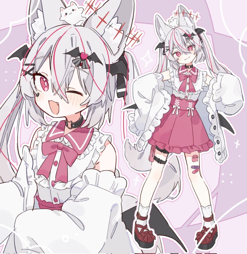 1girl :3 ;d animal animal_ear_fluff animal_ears animal_on_head bandaid bandaid_on_knee bandaid_on_leg bare_shoulders bat_hair_ornament bat_wings belt black_choker black_wings blush bow bow_skirt bowtie bright_pupils buttons cardigan character_name choker closed_mouth collar collared_shirt crossed_bangs demon_wings detached_sleeves dot_nose dress fang footwear_bow fox fox_ears fox_girl fox_tail frilled_collar frilled_shirt frilled_skirt frilled_sleeves frills full_body grey_cardigan hair_between_eyes hair_ornament hair_ribbon hairclip hand_on_own_hip head_wings heart heart_hair_ornament high-waist_skirt highres jacket karin_(vrchat) long_hair long_sleeves looking_at_viewer low_wings masirokuro4696 mini_wings multicolored_hair multiple_views o-ring o-ring_choker o-ring_thigh_strap off_shoulder on_head one_eye_closed open_cardigan open_clothes open_jacket open_mouth pink_background pink_bow pink_bowtie pink_cardigan pink_eyes pink_hair pink_ribbon pink_skirt puffy_long_sleeves puffy_sleeves red_eyes red_hair ribbon shirt shirt_tucked_in shoes sidelocks skin_fang skirt sleeve_bow sleeveless sleeveless_shirt sleeves_past_fingers sleeves_past_wrists smile socks standing streaked_hair tail thigh_belt thigh_strap twintails two-tone_hair vrchat white_cardigan white_jacket white_pupils white_shirt white_sleeves white_socks wing_hair_ornament wings x_hair_ornament