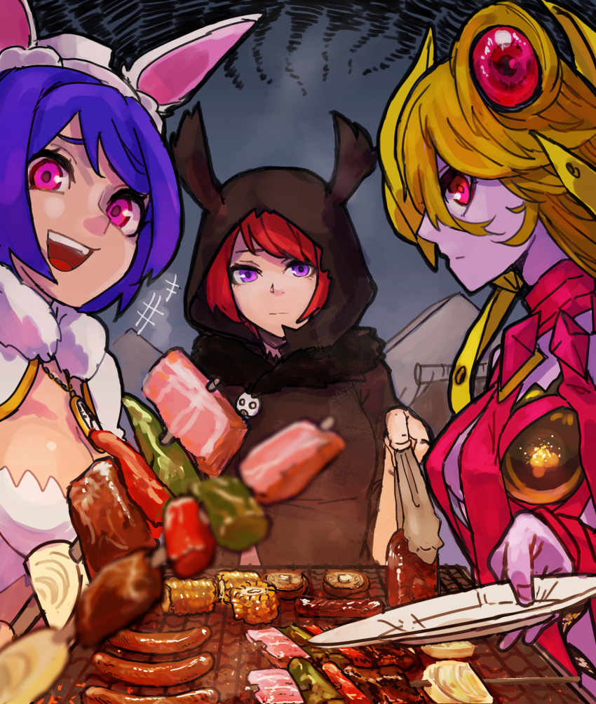 3girls :| adramelech_(mon-musu_quest!) animal_ears bell_pepper black_hood black_robe blonde_hair breasts capelet chain clock closed_mouth colored_skin cooking corn food fur_collar gold_chain grey_background grill grilled_corn grilling haruharudog hat highres holding holding_plate holding_tongs hood hood_up hot_dog large_breasts laughing meat mon-musu_quest! mon-musu_quest:_paradox multiple_girls mushroom nose open_mouth pink_eyes plate purple_eyes purple_hair purple_skin rabbit_ears reaper_(mon-musu_quest!) red_eyes red_hair robe skewer skull_ornament tent tongs white_capelet white_hat white_rabbit_(mon-musu_quest!)