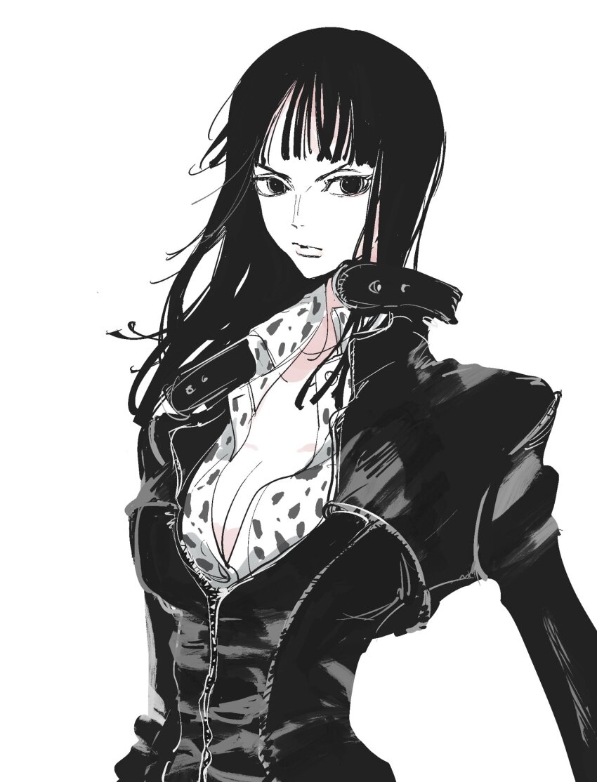 1girl black_dress black_eyes black_hair blunt_bangs breasts cleavage closed_mouth collared_shirt dress highres leather_dress long_hair looking_at_viewer needbee_r nico_robin nico_robin_(water_7) one_piece partially_unzipped shirt simple_background solo upper_body white_background zipper