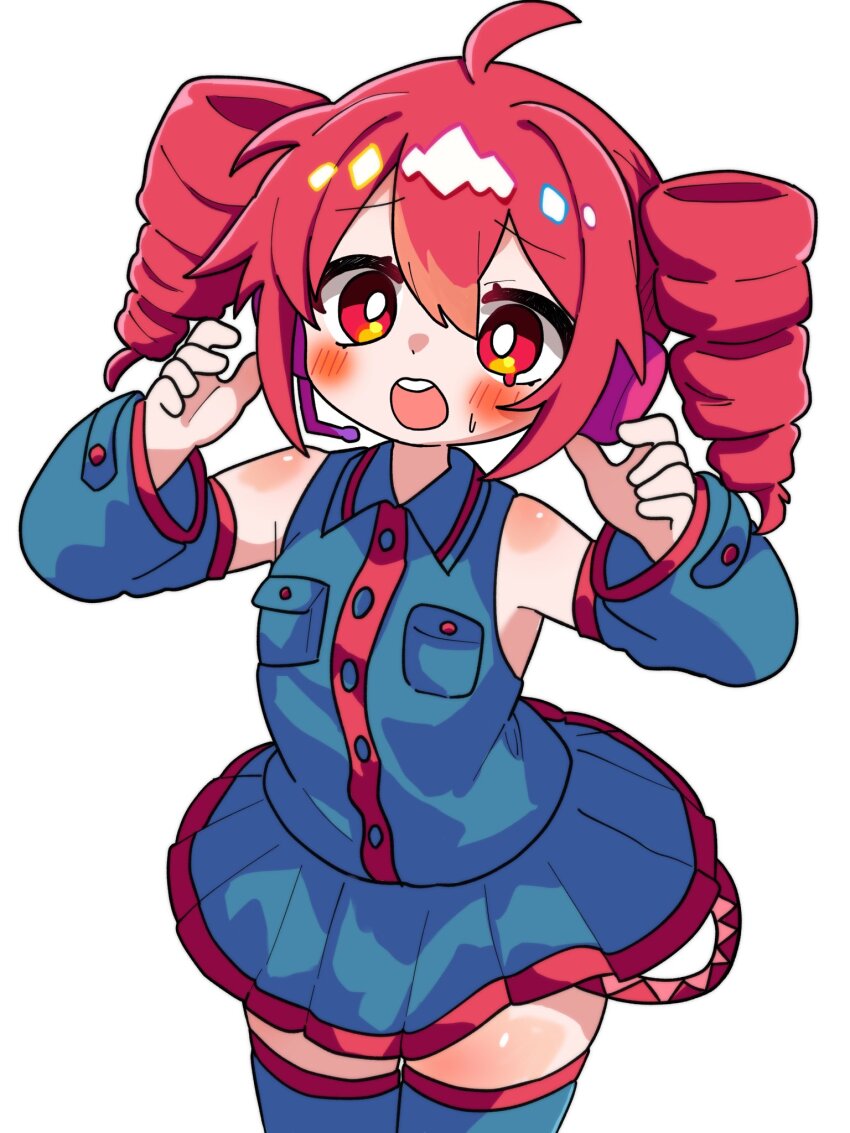 1girl ahoge bare_shoulders blue_shirt blue_sky blush breast_pocket bright_pupils buttons cowboy_shot detached_sleeves drill_hair hands_up headset highres kasane_teto kasane_teto_(utau) long_sleeves looking_at_viewer open_mouth pleated_skirt pocket red_eyes red_hair shirt simple_background skirt sky sleeveless sleeveless_shirt solo standing tears thighhighs twin_drills utau vvv_fnk white_background white_pupils zettai_ryouiki