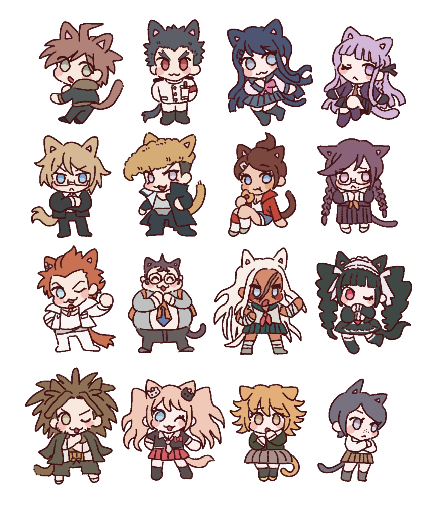 30en_(esx5g) 6+boys 6+girls :o ahoge animal_ears asahina_aoi black_hair black_ribbon blonde_hair blue_eyes blush bow braid brown_hair cat_boy cat_ears cat_girl cat_tail celestia_ludenberg chibi cosplay danganronpa:_trigger_happy_havoc danganronpa_(series) dark-skinned_female dark_skin enoshima_junko everyone freckles fujisaki_chihiro fukawa_toko glasses hagakure_yasuhiro hair_bow hair_ornament hair_ribbon hairclip headdress highres ikusaba_mukuro ishimaru_kiyotaka jacket kirigiri_kyoko kuwata_leon long_hair long_sleeves looking_at_viewer maizono_sayaka multicolored_hair multiple_boys multiple_girls naegi_makoto necktie ogami_sakura owada_mondo pink_hair rabbit_hair_ornament ribbon school_uniform short_hair siblings simple_background sisters skirt smile tail togami_byakuya twintails two-tone_hair yamada_hifumi