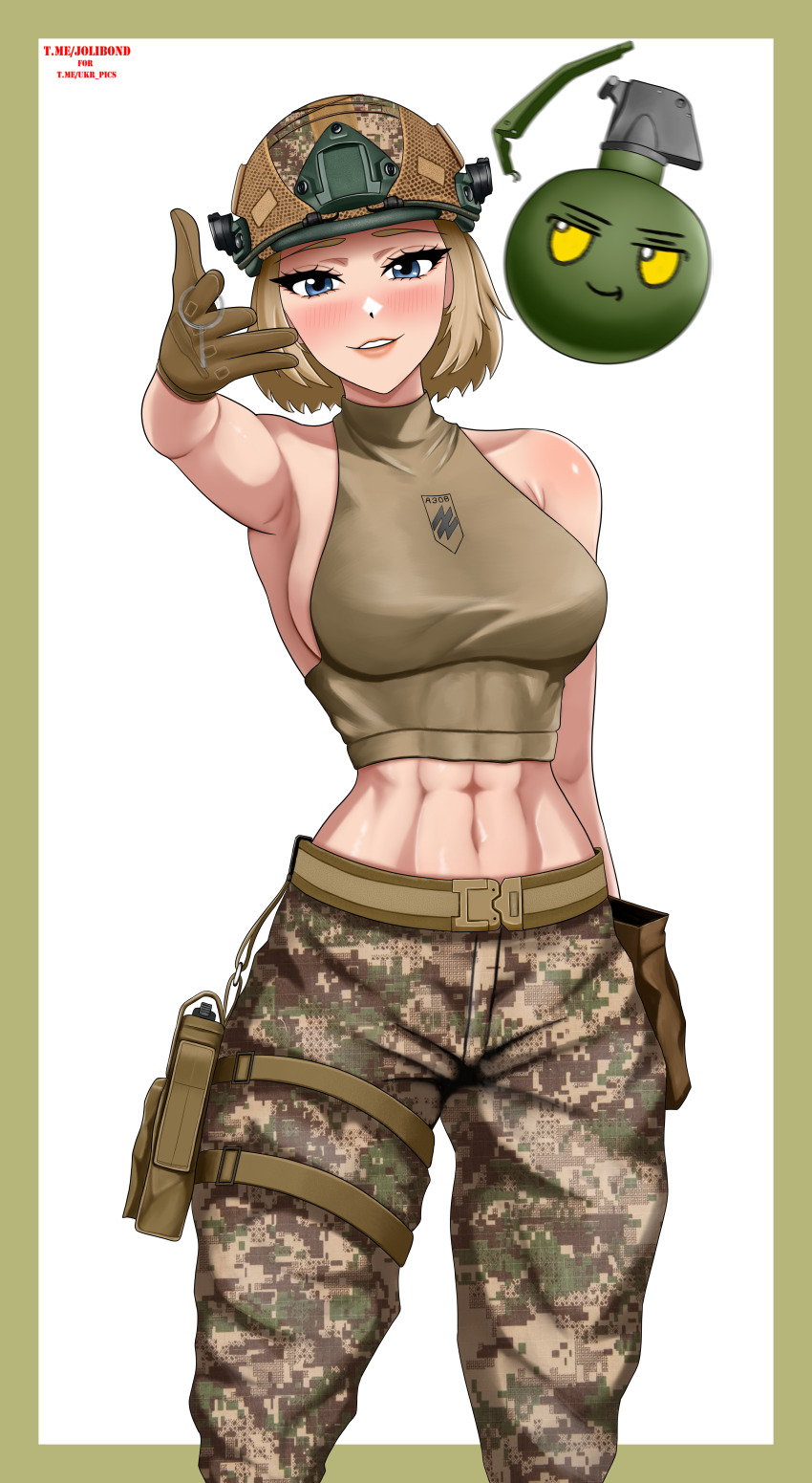 1girl abs absurdres armpits azov_battalion belt blonde_hair blue_eyes blush bob_cut breasts brown_gloves camouflage camouflage_helmet camouflage_pants collar combat_helmet crop_top digital_camouflage explosive eyelashes fingerless_gloves fumo_(doll) gloves grenade grenade_pin grin gun halterneck handgun helmet high_collar highres holster insignia jolibond large_breasts leg_holster lips looking_at_viewer marichka medium_breasts medium_hair meme midriff military military_uniform muscular muscular_female narrowed_eyes navel original pants patch pouch russo-ukrainian_war serratus_anterior short_hair sideboob sidelocks smile solo strap teeth thigh_holster toned ukraine ukrainian_ground_forces weapon woe_plague_be_upon_ye_(meme) yellow_eyes