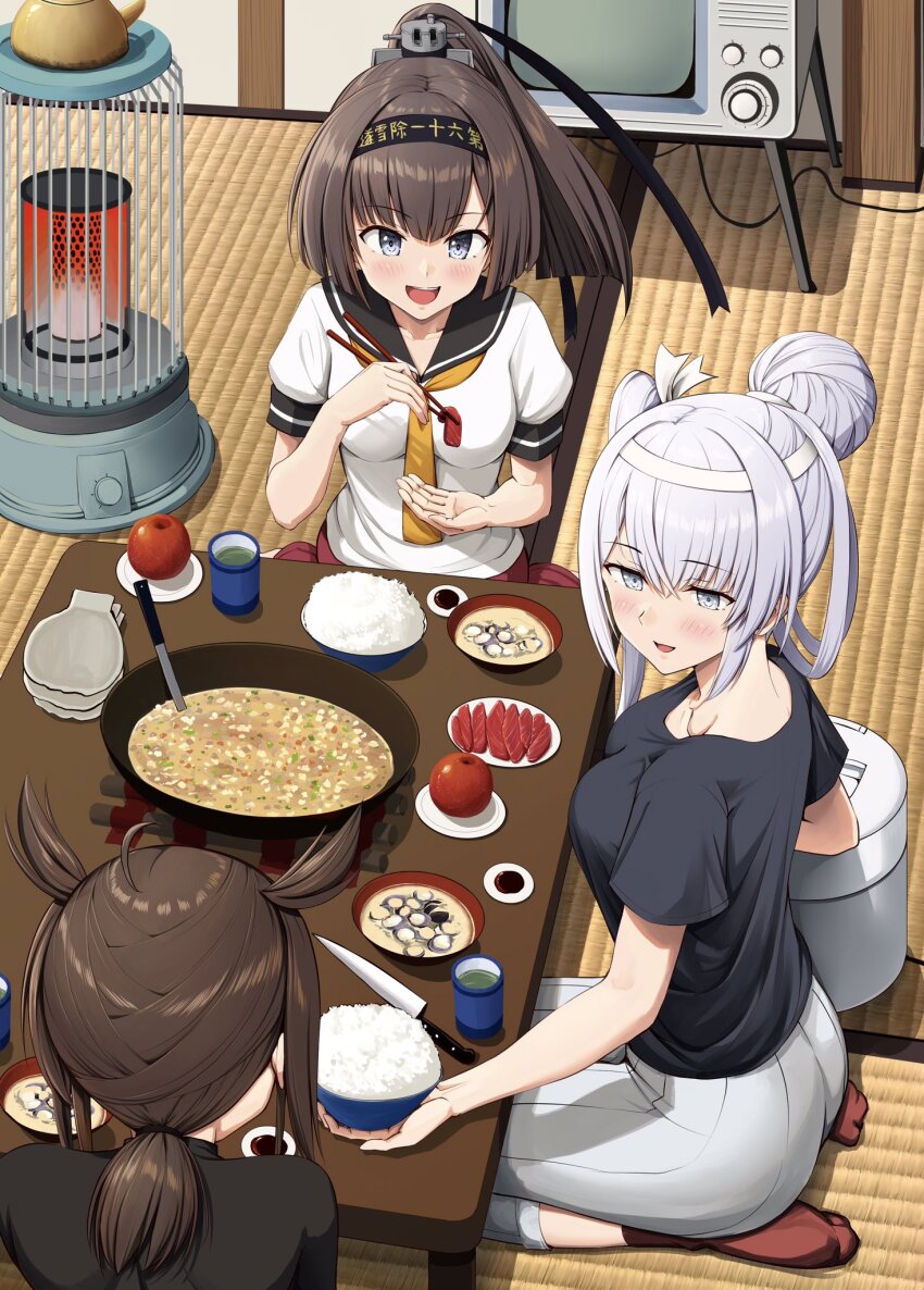 3girls ahoge akizuki_(kancolle) apple black_bodysuit black_headband black_shirt blush bodysuit bowl brown_hair chopsticks commentary_request cup fish_(food) food fruit fuyutsuki_(kancolle) grey_eyes grey_pants hair_flaps hatsuzuki_(kancolle) headband highres holding holding_bowl holding_chopsticks ichikawa_feesu kantai_collection kettle long_hair medium_hair multiple_girls neckerchief open_mouth pants plate ponytail red_skirt red_socks rice rice_bowl rice_cooker sashimi school_uniform serafuku shirt short_sleeves skirt smile socks soup soy_sauce space_heater table tea television white_hair white_headband white_shirt yellow_neckerchief