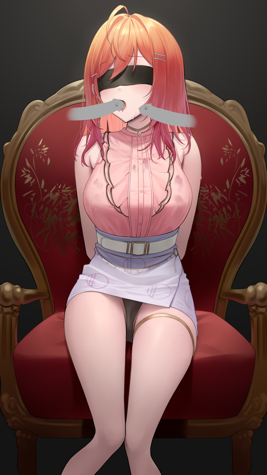 1girl absurdres ahoge belt black_background black_blindfold black_panties blindfold blush breasts center_frills commentary earrings english_commentary fellatio food frills gradient_hair hair_ornament hairclip highres hololive hololive_dev_is ichijou_ririka ichijou_ririka_(1st_costume) jewelry knees_together_feet_apart large_variant_set long_hair miniskirt multicolored_hair on_chair open_mouth oral orange_hair panties pantyshot pencil_skirt pink_hair pink_shirt purple_skirt saliva saliva_trail sexually_suggestive shirt shirt_tucked_in simple_background sitting skirt sleeveless sleeveless_shirt solo somebody_(leiking00) steak stream swept_bangs tongue tongue_out underwear variant_set virtual_youtuber white_belt