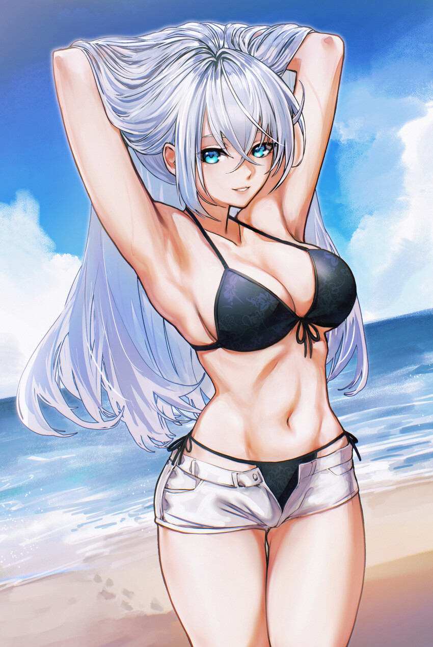 1girl abs absurdres armpit_crease armpits beach bikini black_bikini blue_eyes blue_sky breasts cleavage cloud crossed_bangs denim denim_shorts double-parted_bangs eiyuu_densetsu hair_between_eyes highres kuro_no_kiseki_(series) large_breasts long_hair looking_at_viewer madou_zakura muscular muscular_female navel ocean outdoors shizuna_rem_misurugi shorts sideburns sky smile solo swimsuit white_hair