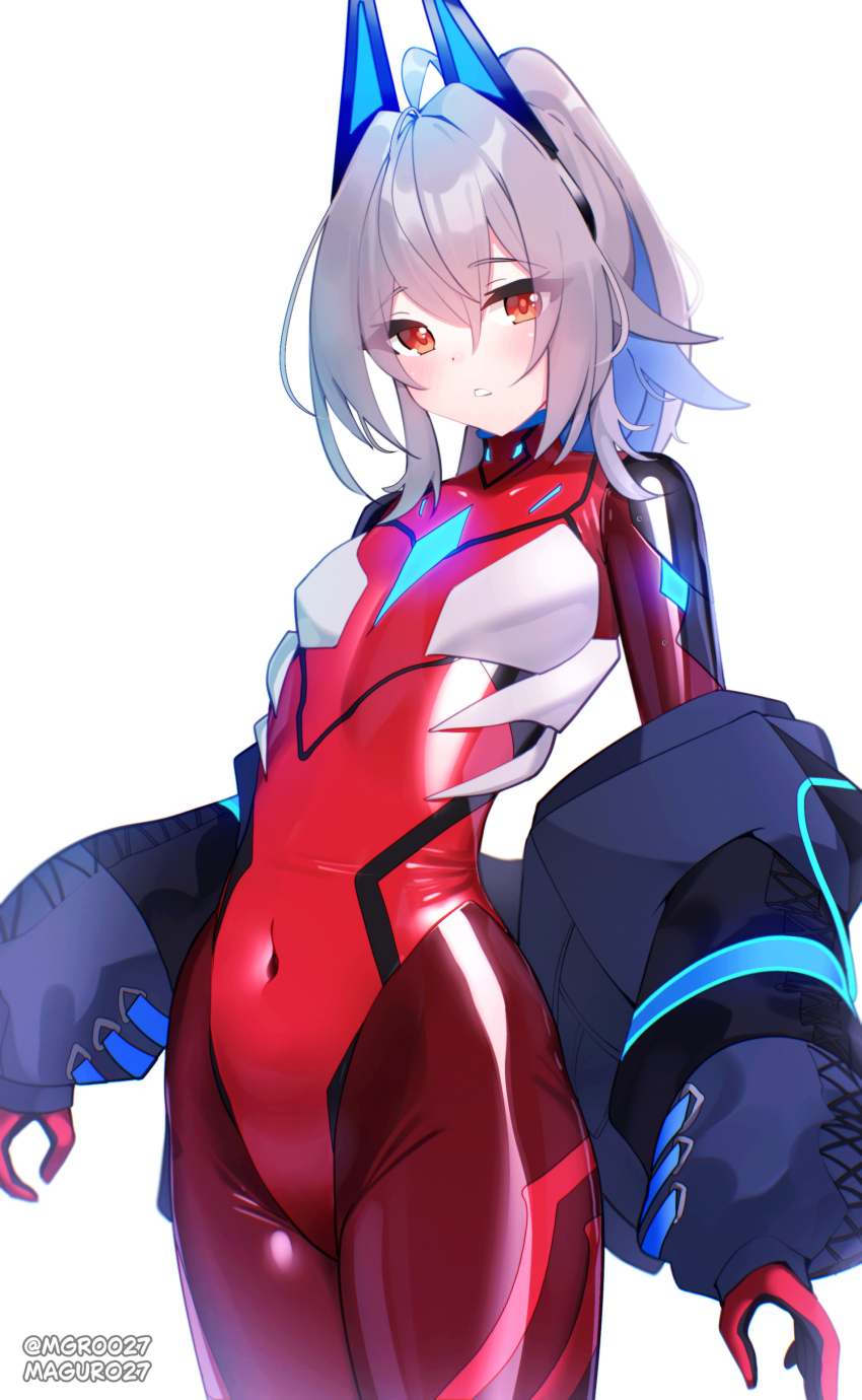 1girl absurdres ahoge animal_ears black_bodysuit blue_jacket bodysuit breasts commission covered_navel fake_animal_ears grey_hair headgear highres impossible_bodysuit impossible_clothes jacket looking_at_viewer maguro27 mecha_pilot_suit multicolored_bodysuit neon_genesis_evangelion off_shoulder orange_eyes original pixiv_commission plugsuit_(evangelion) ponytail red_bodysuit shiny_clothes skin_tight small_breasts solo white_background white_bodysuit