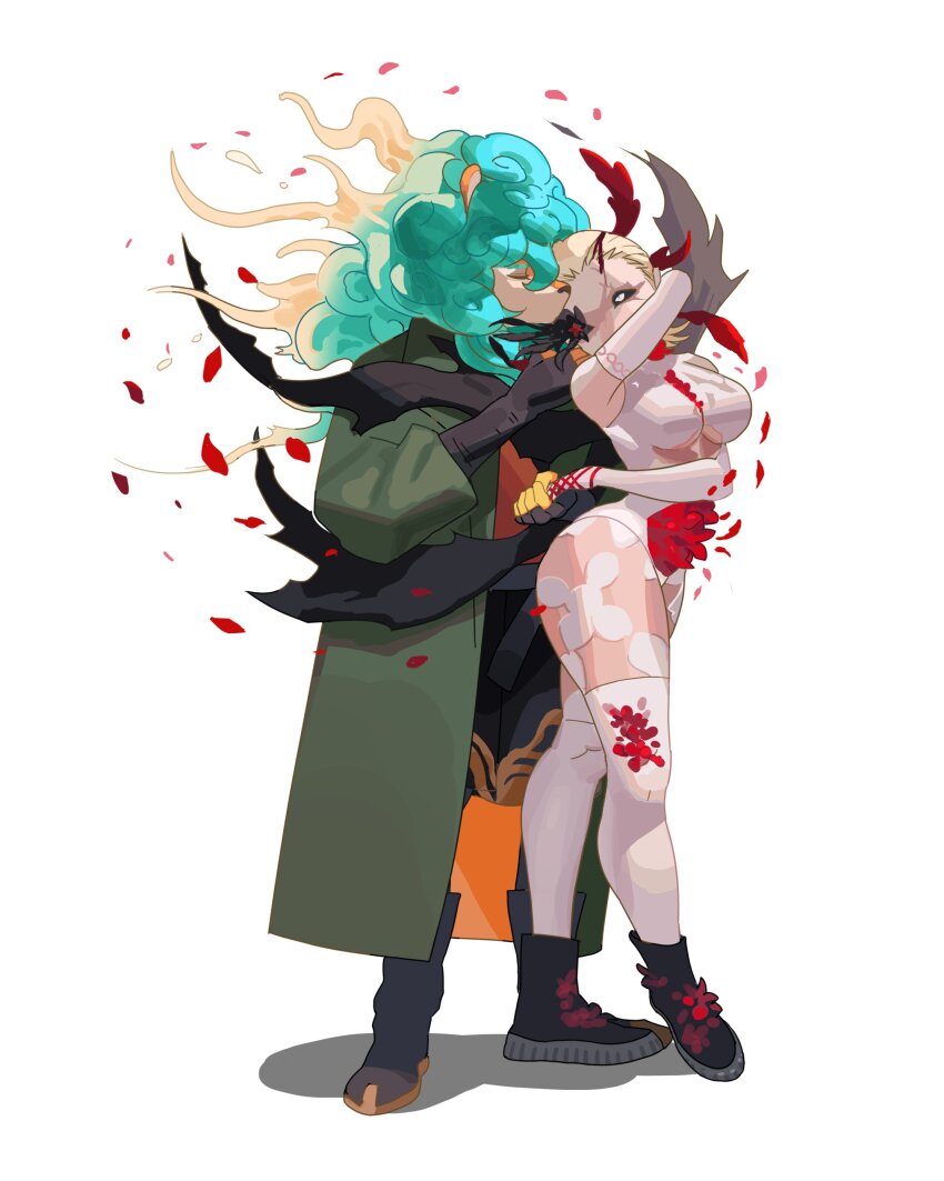 1boy 1girl absurdres black_sclera closed_eyes coat colored_sclera commentary dancing dislyte doodleforcloud dragon_boy embla_(ymir)_(dislyte) facing_another fu_shi_(suan_ni)_(dislyte) furry furry_male green_coat highres holding_hands looking_at_another petals symbol-only_commentary white_background