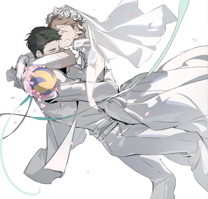 2boys arms_around_neck ball belt black_hair bouquet bridal_veil bride brown_hair closed_eyes commentary crossdressing dress elbow_gloves english_commentary fandangyu feet_out_of_frame flower flower_wreath formal_clothes frilled_sleeves frills gloves grin groom haikyuu!! highres holding holding_bouquet jacket long_sleeves male_focus multiple_boys oikawa_tooru_(haikyuu!!) pants pink_flower puffy_short_sleeves puffy_sleeves ribbon shirt shirt_tucked_in short_sideburns short_sleeves smile suit suit_jacket teeth ushijima_wakatoshi veil volleyball wedding white_background white_belt white_dress white_flower white_gloves white_jacket white_pants white_shirt white_suit white_theme yaoi
