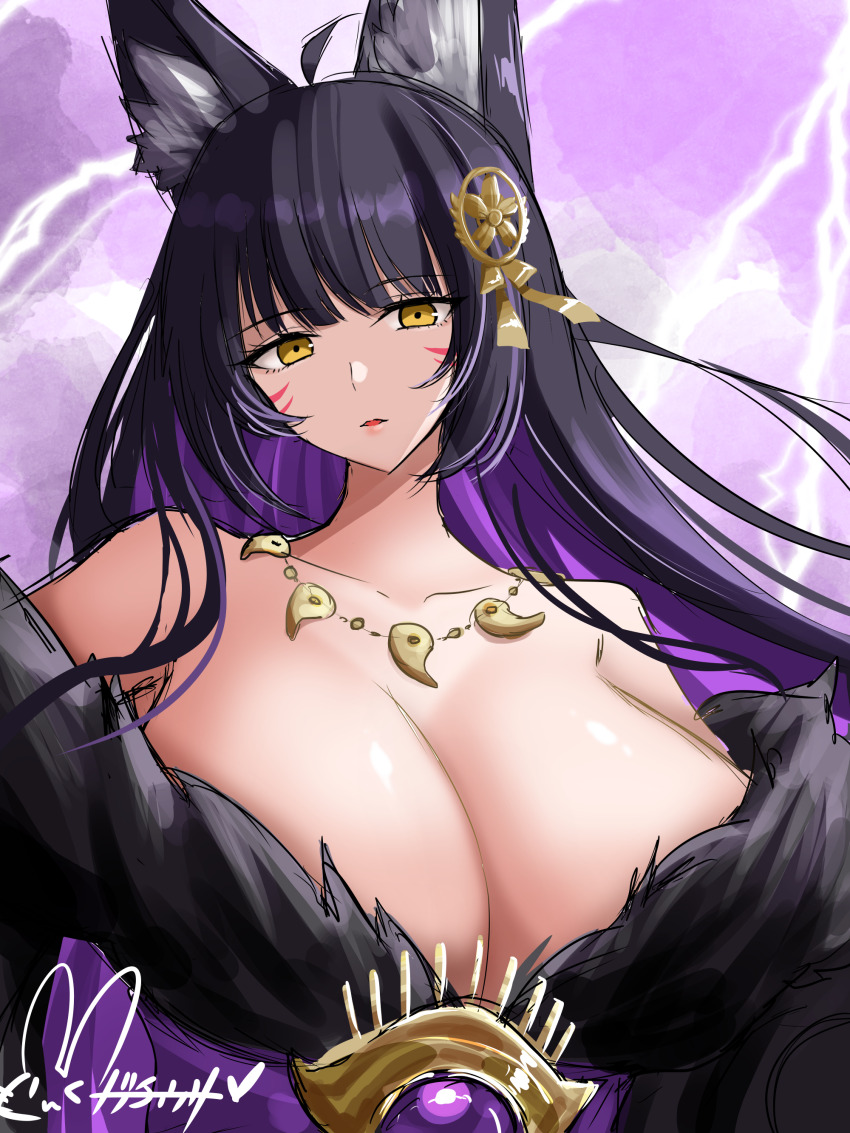 1girl absurdres animal_ear_fluff animal_ears azur_lane bare_shoulders black_hair blunt_bangs breasts cleavage collarbone colored_inner_hair commentary_request facial_mark fox_ears fox_girl fur_trim highres hisin huge_breasts jewelry lightning_background long_hair looking_at_viewer magatama magatama_necklace multicolored_background multicolored_hair musashi_(azur_lane) necklace obi parted_lips purple_background purple_hair purple_sash sash signature solo two-tone_hair upper_body white_background yellow_eyes