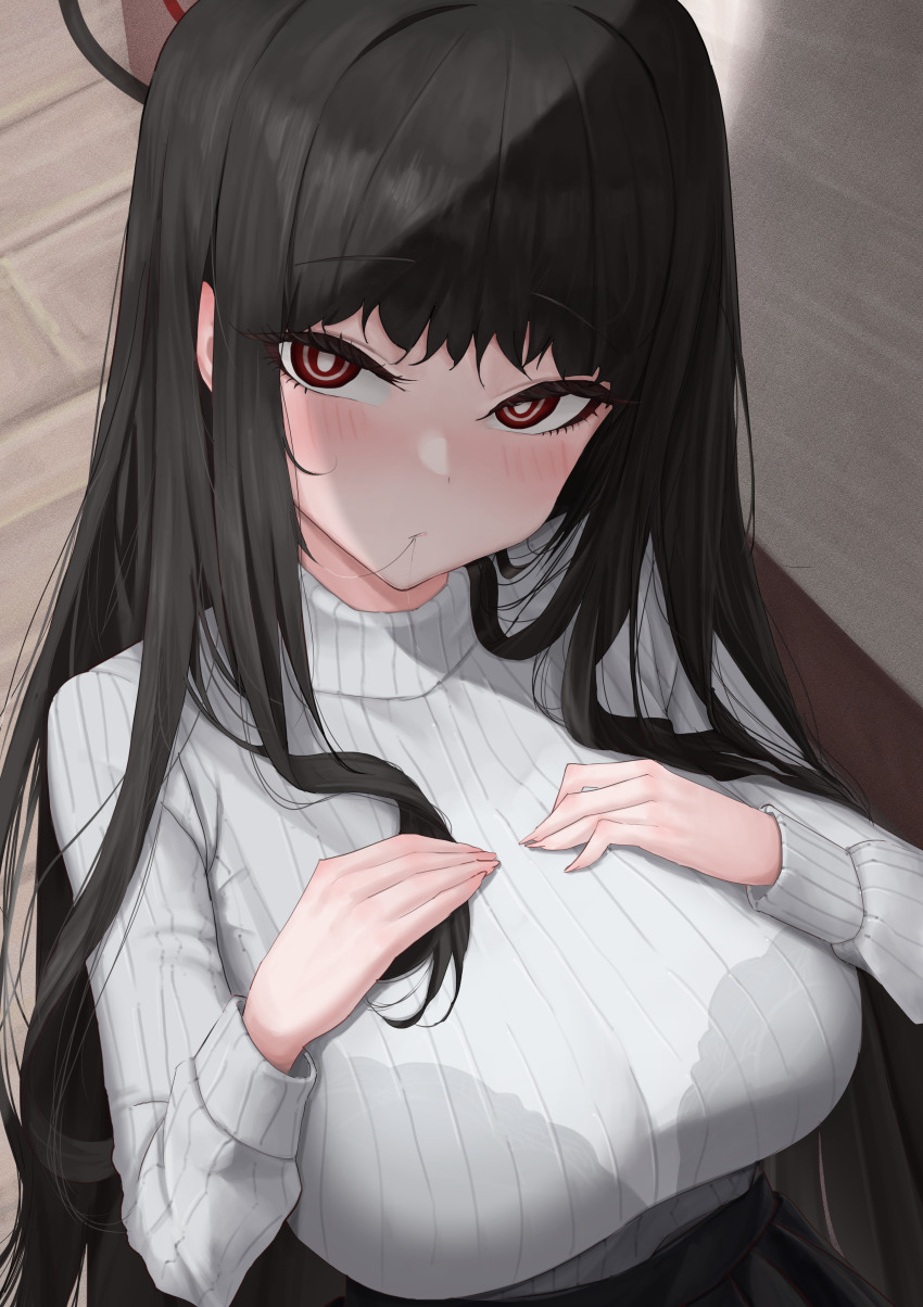 1girl absurdres black_bra black_hair blue_archive blush bra bralines breasts hair_in_own_mouth halo highres large_breasts long_hair looking_at_viewer red_eyes ribbed_sweater ringed_eyes rio_(blue_archive) solo sweater turtleneck turtleneck_sweater ubeuna underwear very_long_hair white_sweater