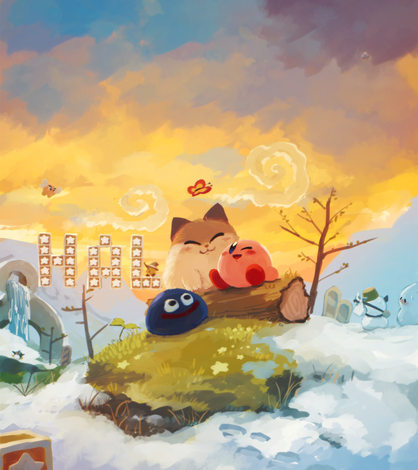 absurdres autumn block_(object) bronto_burt broom_hatter bug butterfly chilly_(kirby) closed_eyes cloud cloudy_sky emp_(kirby) gooey_(kirby) grass hamster highres insect kirby kirby_(series) nago_(kirby) nintendo one_eye_closed open_mouth outdoors sitting sky snow star_(symbol) sunset suyasuyabi tongue tree tube ufo_(kirby) water yuki_(kirby)
