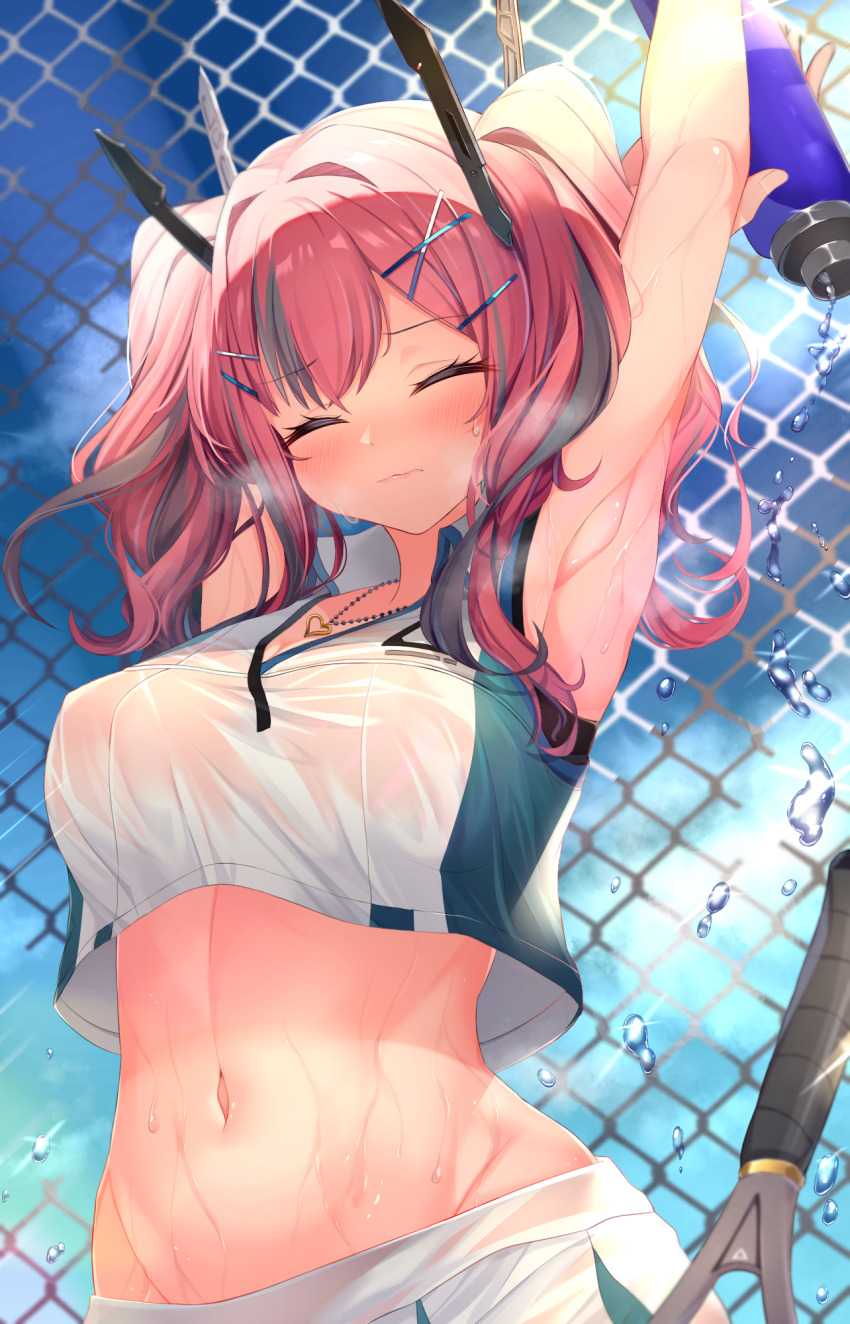 1girl armpits arms_up azur_lane bare_arms bare_shoulders blurry bottle breasts breath bremerton_(azur_lane) bremerton_(scorching-hot_training)_(azur_lane) chain-link_fence cleavage closed_eyes commentary_request crop_top crop_top_overhang day depth_of_field facing_viewer female_focus fence groin highres holding large_breasts long_hair midriff multicolored_hair navel pink_hair racket shiira_(nya_rl) shirt sky sleeveless sleeveless_shirt solo sportswear stomach sweat tennis_racket tennis_uniform twintails two-tone_hair upper_body white_shirt