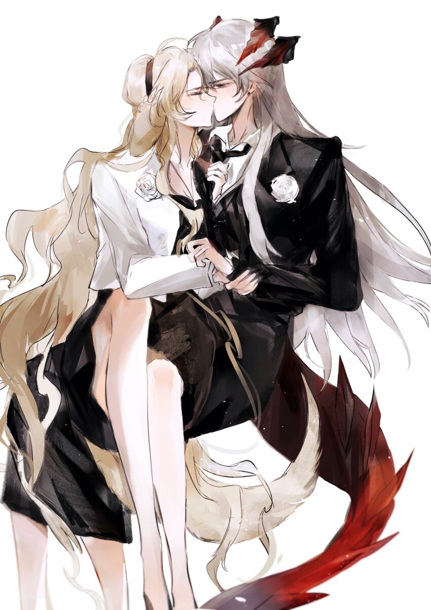2girls animal_ears arknights black_dress black_jacket black_necktie blonde_hair chinese_commentary closed_eyes collared_shirt commentary_request dog_ears dog_girl dog_tail dragon_horns dragon_tail dress earrings highres holding_another&#039;s_wrist horns jacket jewelry kiss kristen_(arknights) lillizzy long_hair multiple_girls necktie saria_(arknights) shirt simple_background sitting sitting_on_lap sitting_on_person stud_earrings suit_jacket tail very_long_hair white_background white_hair white_jacket white_shirt yuri