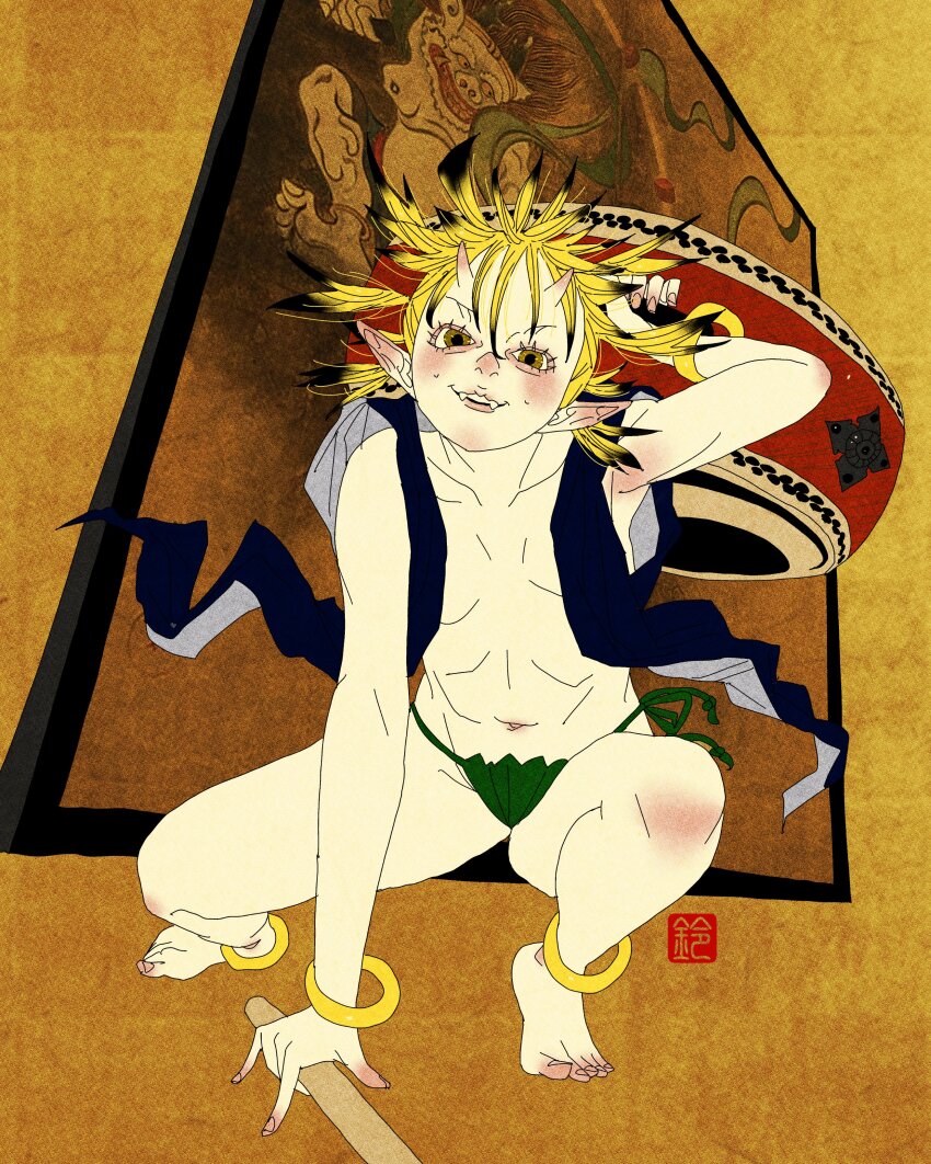 1girl absurdres anklet barefoot blonde_hair bracelet breasts brown_eyes drum drumsticks fangs fine_art_parody full_body hand_on_floor highres holding holding_drumsticks horns inkan instrument japanese_mythology jewelry looking_at_viewer multicolored_hair navel nihonga open_clothes original panties parody pointy_ears raijin_(mythology) screen_door sei5osuzuki side-tie_panties small_breasts smile spiked_hair squatting two-tone_hair underwear yellow_background