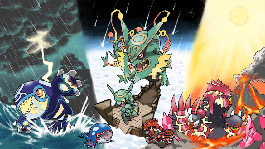 animal_focus black_sclera black_teeth blacknirrow chibi claws cloud colored_sclera dragon eastern_dragon flying gen_3_pokemon groudon highres in-universe_location kyogre lava legendary_pokemon lightning mega_pokemon mega_rayquaza meteor_shower nintendo no_humans open_mouth orange_eyes pokemon pokemon_(creature) pokemon_focus pokemon_oras primal_groudon primal_kyogre rain rayquaza red_eyes sharp_teeth sitting sky sky_pillar smoke spikes splashing storm sun teeth volcano water yellow_eyes yellow_sclera