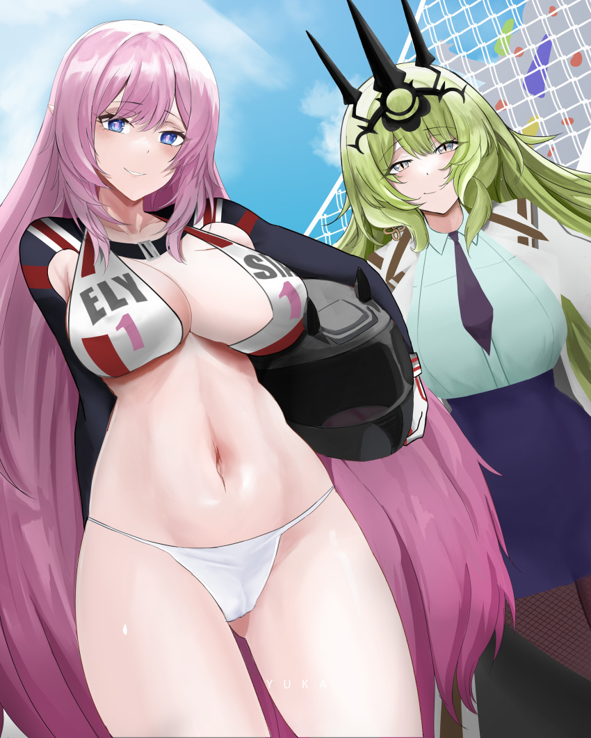 2girls absurdres alternate_costume artist_name black_pantyhose black_tiara blue_eyes blue_skirt blue_sky breasts coat commentary_request crop_top elf elysia_(honkai_impact) green_hair green_shirt helmet highres holding holding_helmet honkai_(series) honkai_impact_3rd large_breasts long_hair mobius_(honkai_impact) multiple_girls navel outdoors paid_reward_available panties pantyhose pointy_ears racing_suit roller_coaster shirt skirt sky slit_pupils smile stomach thighs tiara underwear very_long_hair white_coat white_panties yuka_1503