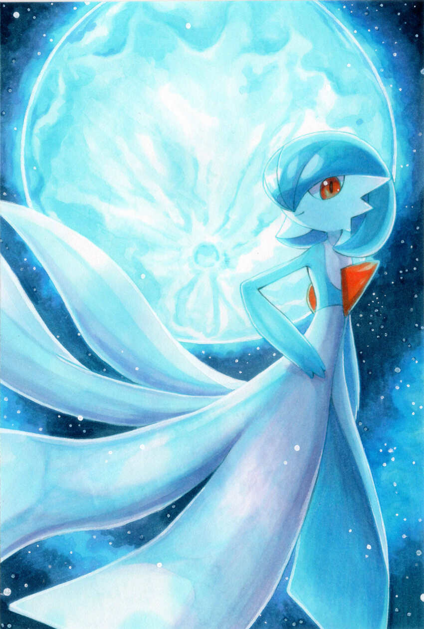 1girl alternate_color arm_at_side backlighting blue_hair blue_moon blue_sky blue_theme bob_cut closed_mouth colored_skin female_focus flat_chest full_body full_moon gardevoir gen_3_pokemon green_skin hair_over_one_eye hand_on_own_hip happy highres looking_at_viewer marker_(medium) moon moonlight multicolored_skin night nintendo one_eye_covered orange_eyes outdoors pokemon pokemon_(creature) shiny_pokemon short_hair sky smile solo standing star_(sky) traditional_media two-tone_skin white_skin yuka_(yukaaaaaaa0705)