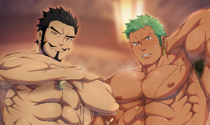 2boys abs armpit_hair armpits bara beard black_hair blurry blurry_background cropped crossed_arms dracule_mihawk earrings facial_hair green_hair highres jewelry kurazon_(climb_zombie) large_pectorals long_sideburns looking_at_viewer male_focus multiple_boys muscular muscular_male nipples one_piece pectorals roronoa_zoro scar scar_across_eye scar_on_chest scar_on_face short_hair sideburns