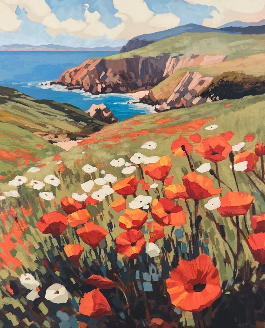 cliff cloud cloudy_sky commentary english_commentary flower grass highres jimmusilpainter mountain mountainous_horizon nature no_humans original outdoors painting_(medium) plant poppy_(flower) red_flower scenery shore sky traditional_media water white_flower