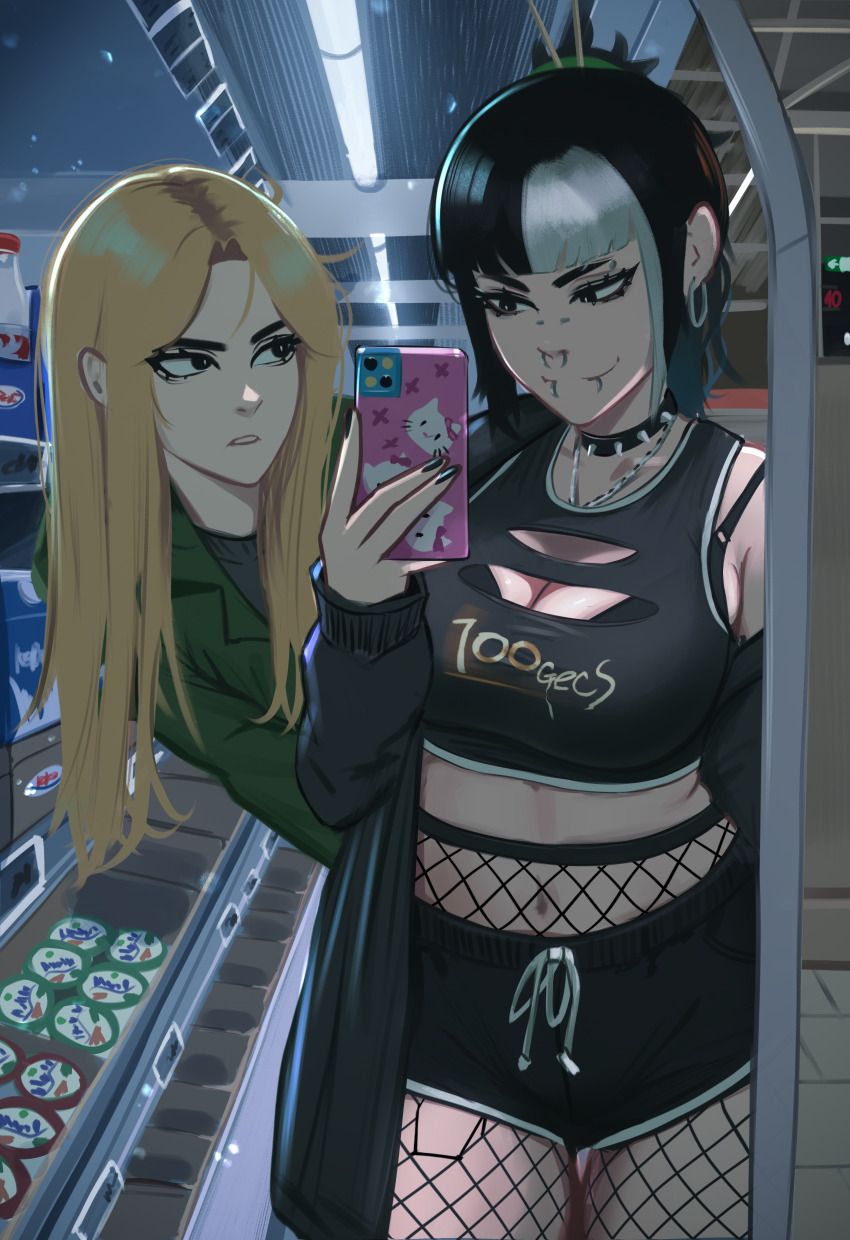 2girls absurdres annoyed black_bra black_cardigan black_eyes black_shorts blonde_hair blunt_bangs bra bra_peek breasts cardigan cellphone choker cleavage cleavage_cutout clothing_cutout collar crop_top dolphin_shorts ear_piercing earrings face_piercing fishnets green_jacket green_scrunchie hair_ornament hair_stick highres jacket jessie_(veyonis) jewelry large_breasts lip_piercing long_hair looking_at_another looking_at_phone midriff mika_(veyonis) mirror mirror_selfie multicolored_hair multiple_girls original pantyhose phone piercing scrunchie selfie shorts smartphone smile spiked_collar spikes supermarket thighs two-tone_hair underwear veyonis