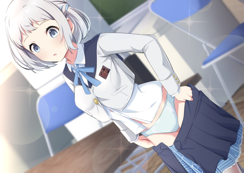 1girl accidental_pervert blue_eyes blue_panties blue_ribbon blue_skirt blurry blurry_background blush braid chair chalkboard cowboy_shot dot_nose dressing dutch_angle gakuen_idolmaster grey_hair half_up_braid hatsuboshi_gakuen_school_uniform heavy_lens_flare highres idolmaster indoors jacket katsuragi_lilja lens_flare long_sleeves looking_at_viewer miniskirt ms_himematu neck_ribbon overskirt panties parted_lips pleated_skirt refrigerator ribbon ribbon_braid school_uniform shirt short_hair skirt solo sparkle standing table trash_can underwear white_jacket white_shirt wooden_floor