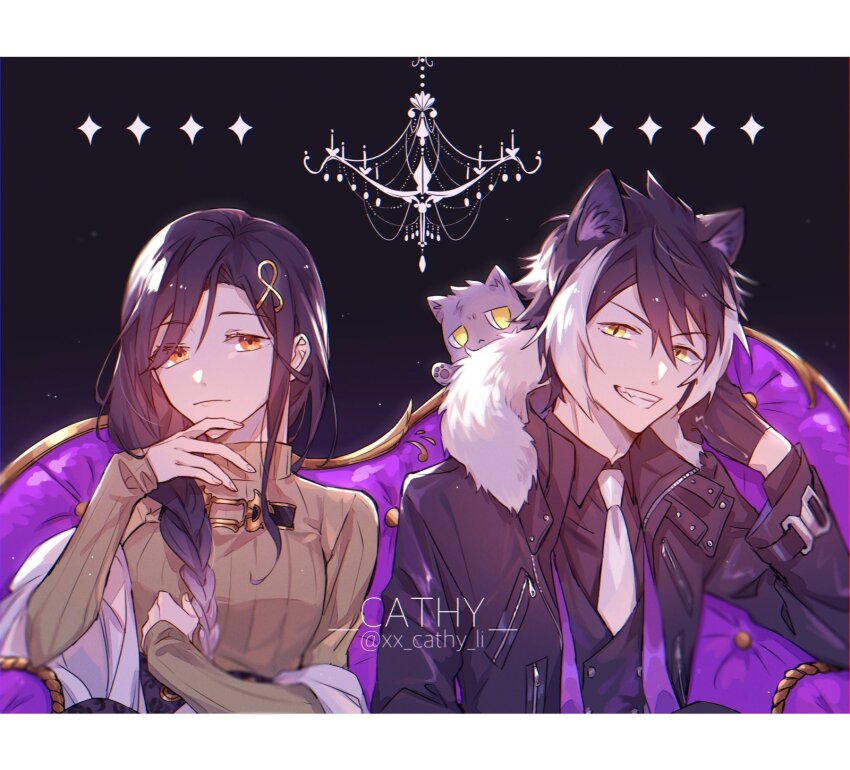 1boy 1girl animal animal_ears animal_on_shoulder artist_name black_background black_coat black_gloves black_hair black_shirt black_skirt black_vest border braid buttons cat cathy_(xx_cathy_li) chandelier coat collared_shirt couch creator_connection double-breasted fang fur-trimmed_coat fur_trim gloves gradient_hair green_sweater grey_cat grin hair_between_eyes hair_ornament hair_over_shoulder hairclip half_gloves hand_on_own_chin hand_up head_rest high-waist_skirt highres holostars jackal_boy jackal_ears kageyama_shien letterboxed long_hair looking_at_viewer multicolored_hair necktie nekoyama_shien nijisanji open_clothes open_coat orange_eyes ribbed_sweater shawl shirayuki_tomoe shirayuki_tomoe_(1st_costume) shirt short_hair single_braid sitting skirt smile sparkle_background stole sweater swept_bangs turtleneck turtleneck_sweater twitter_username two-tone_hair v-shaped_eyebrows vest virtual_youtuber white_border white_hair white_necktie yellow_eyes