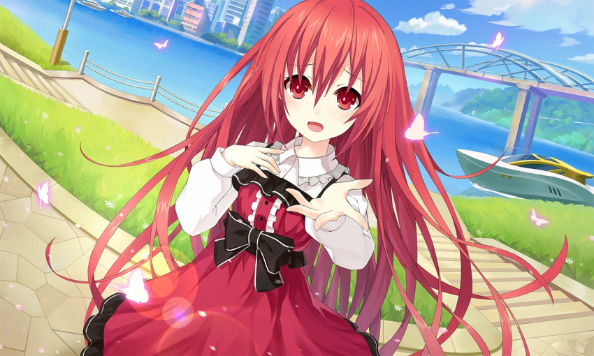 1girl blue_sky boat bridge bug building butterfly cloud date_a_live date_a_live:_spirit_pledge dress dutch_angle game_cg hair_between_eyes insect itsuka_kotori long_hair long_sleeves looking_at_viewer official_art open_mouth outdoors red_dress red_eyes red_hair sky smile solo third-party_source watercraft