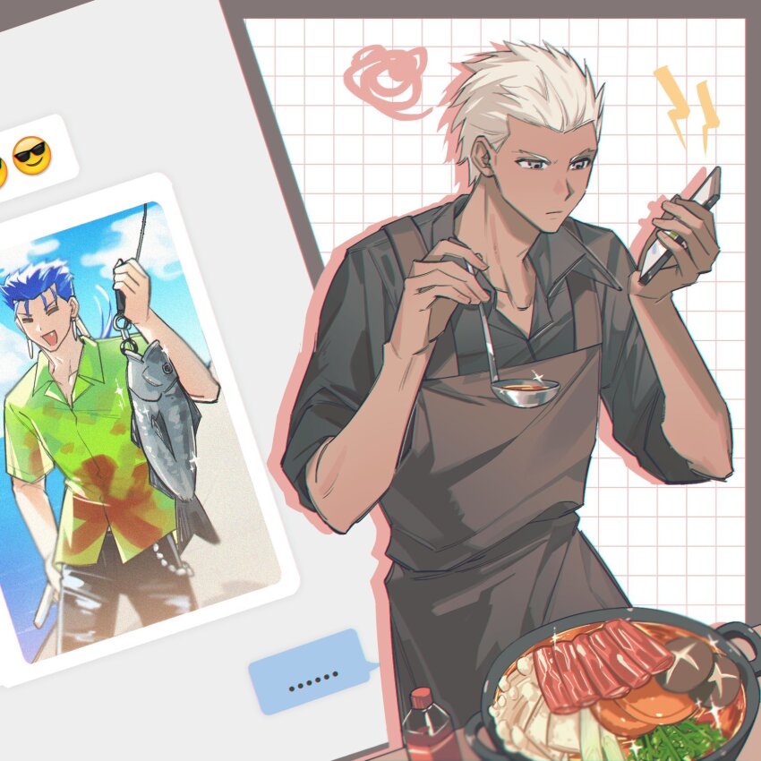 2boys animal apron archer_(fate) blue_hair brown_apron cellphone closed_eyes cooking_pot cu_chulainn_(fate) cu_chulainn_(fate/stay_night) dark-skinned_male dark_skin earrings fate/hollow_ataraxia fate_(series) fish frown grey_eyes highres holding holding_animal holding_fish holding_ladle holding_phone hotpot jewelry ladle male_focus multiple_boys mushroom official_alternate_costume open_mouth phone ponytail smartphone smile squiggle white_hair y111111n