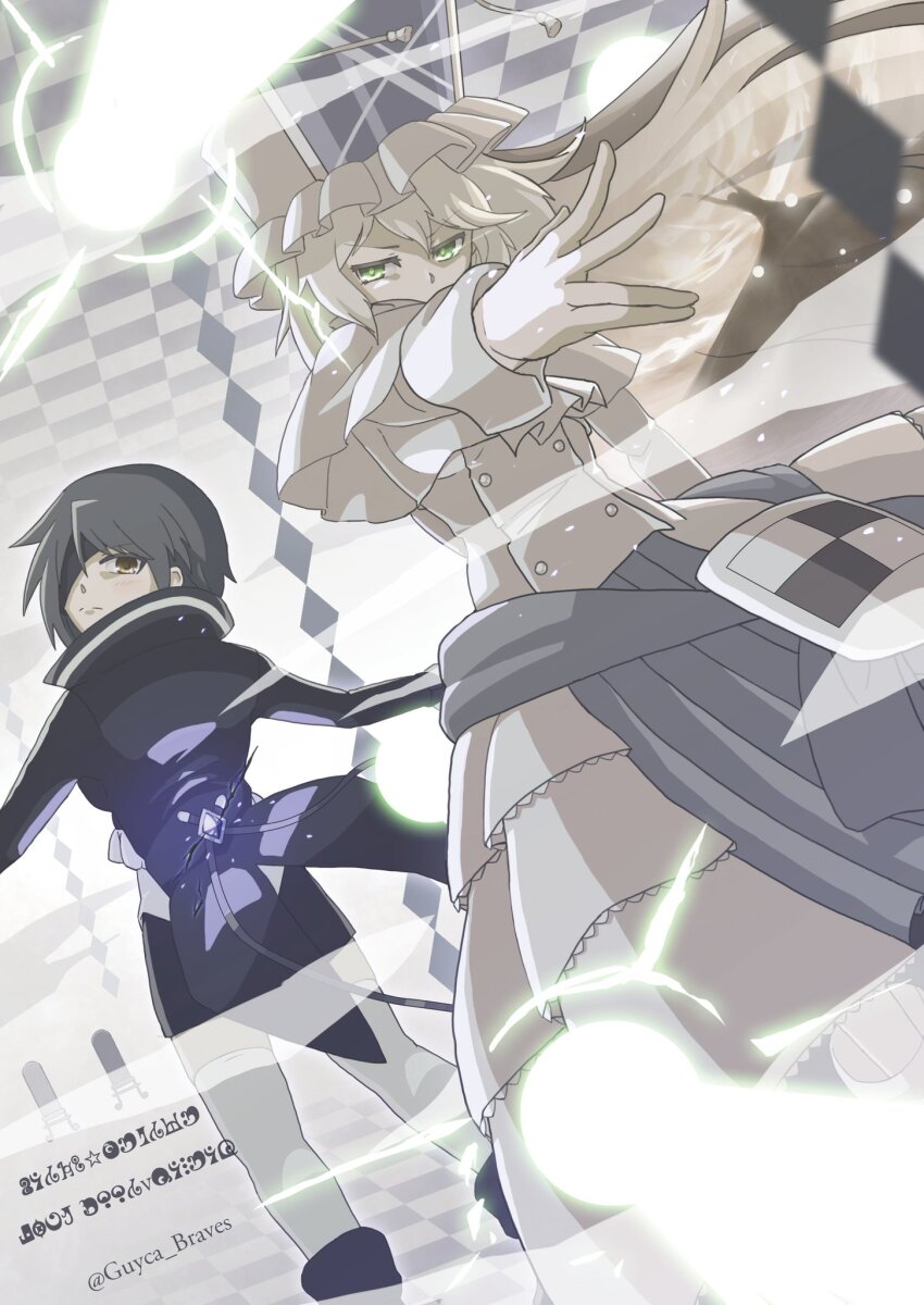 2girls dress eyepatch green_eyes guyca_braves highres kure_kirika long_hair looking_at_viewer madoka_runes magical_girl mahou_shoujo_madoka_magica mahou_shoujo_oriko_magica medium_hair mikuni_oriko multiple_girls orange_eyes white_dress white_hair