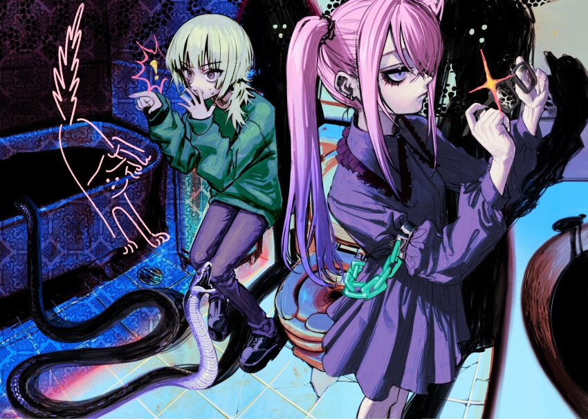 ! 2girls absurdres bad_id bad_twitter_id bath bathroom black_pants black_shoes cat chain collared_dress covering_own_mouth drain_(object) dress expressionless gradient_hair green_hoodie hand_over_own_mouth hands_up highres holding holding_removed_eyewear hood hoodie indoors long_hair long_sleeves multicolored_hair multiple_girls nervous_sweating original pants pink_hair pointing purple_dress purple_eyes purple_skirt shadow shoes short_hair skirt snake sparkle spoken_exclamation_mark standing surprised sweat toilet twintails unworn_eyewear yu_(stdio_nameraka)