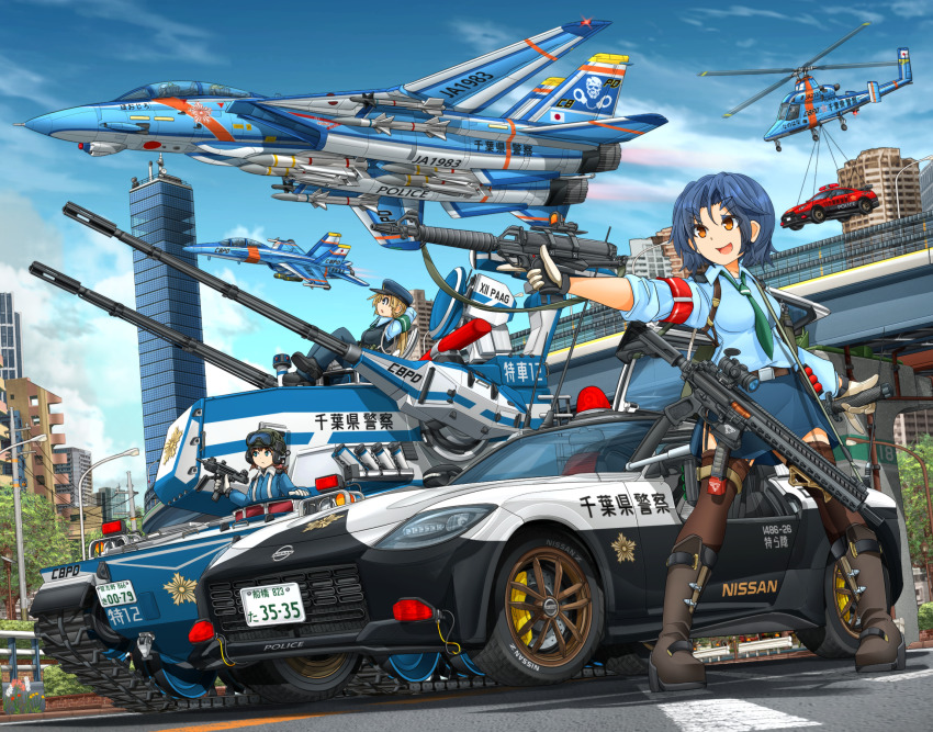 1girl 5others aerial_bomb aiguillette aim-54_phoenix aim-7_sparrow aim-9_sidewinder air-to-air_missile air-to-surface_missile aircraft airplane anti-aircraft anti-aircraft_gun armband assault_rifle autocannon baton baton_(weapon) belt beyond-visual-range_missile black_belt black_footwear black_hair black_hat black_skirt black_thighhighs blonde_hair blouse blue_eyes blue_hair blue_jumpsuit blue_pants blue_shirt blue_sky boots building bullpup calico_light_weapons_systems calico_m960 calico_m960a cannon carbine city cloud cloudy_sky collared_shirt commentary_request crossed_legs day double-stack_magazine emblem expandable_baton f-14_tomcat f-18_hornet fighter_jet garter_straps general-purpose_bomb gloves goggles goggles_on_headwear green_armband green_necktie guided_bomb gun handgun hat helical_magazine helicopter helmet high-capacity_magazine highres holding holding_gun holding_weapon holster japan_national_police japanese_flag japanese_national_police_agency_(emblem) jumpsuit lamppost leaning_back looking_to_the_side machine_pistol mikeran_(mikelan) military military_vehicle mini_uzi miniskirt motor_vehicle multiple_others necktie nissan nissan_fairlady nissan_fairlady_z oerlikon_gdf oerlikon_gdf_35_mm_twin_cannon open_mouth orange_eyes original outdoors pants partial_commentary paveway peaked_cap pilot pistol police police_hat police_uniform policewoman power_lines precision-guided_munition red_armband rifle roundel scope self-propelled_anti-aircraft-gun self-propelled_anti-aircraft_weapon self-propelled_gun shadow shirt shoes short_hair shoulder_holster side_slit sitting skirt sky sleeves_rolled_up smile solo standing submachine_gun tank tank_helmet thigh_strap thighhighs trigger_discipline turret type_87_self-propelled_anti_aircraft_gun uzi v-shaped_eyebrows vehicle_focus weapon weapon_request white_gloves