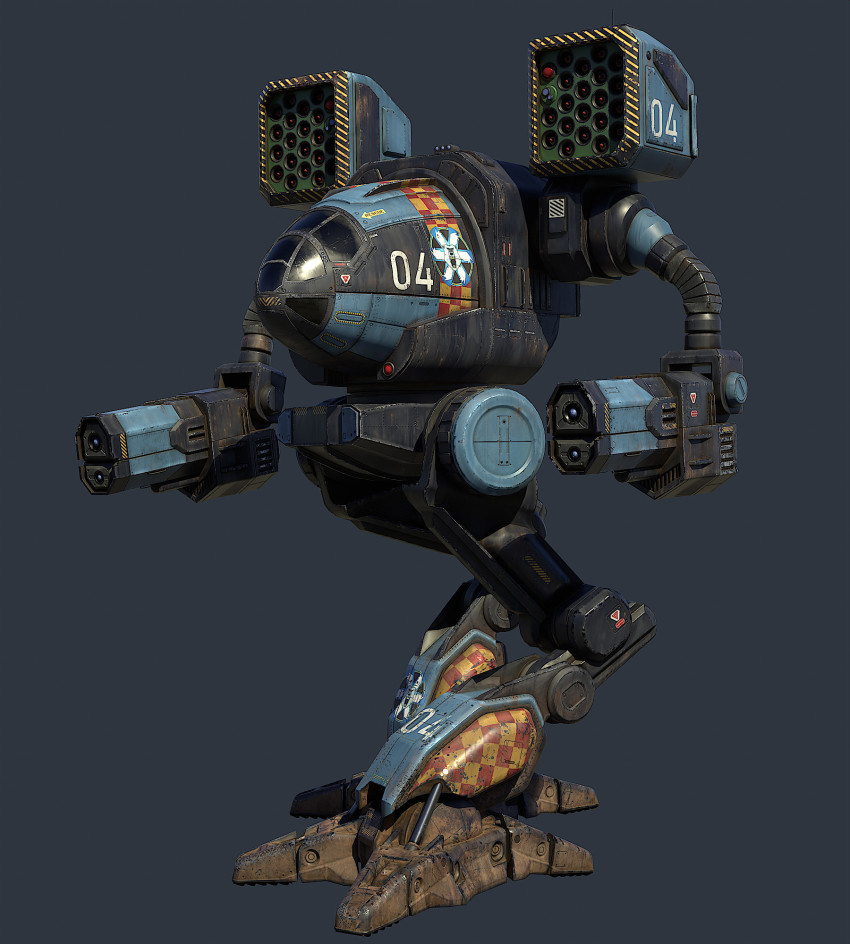 3d arm_cannon battletech commentary concept_art damaged dirty energy_cannon english_commentary highres machinery mad_cat_(battletech) mecha missile_pod no_humans nose_art radio_antenna realistic robot roundel science_fiction solo vertexnormal walker_(robot) weapon window