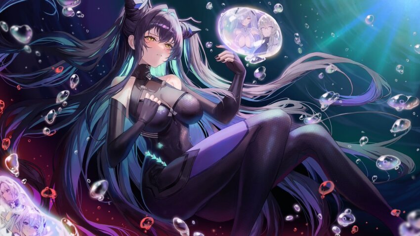 1girl abe_(nikke) black_bodysuit bodysuit breasts cinderella_(nikke) cleavage colored_inner_hair goddess_of_victory:_nikke gretel_(nikke) hair_intakes hansel_(nikke) little_mermaid_(nikke) molyb multicolored_hair old_tales_(nikke) solo two-tone_hair underwater water