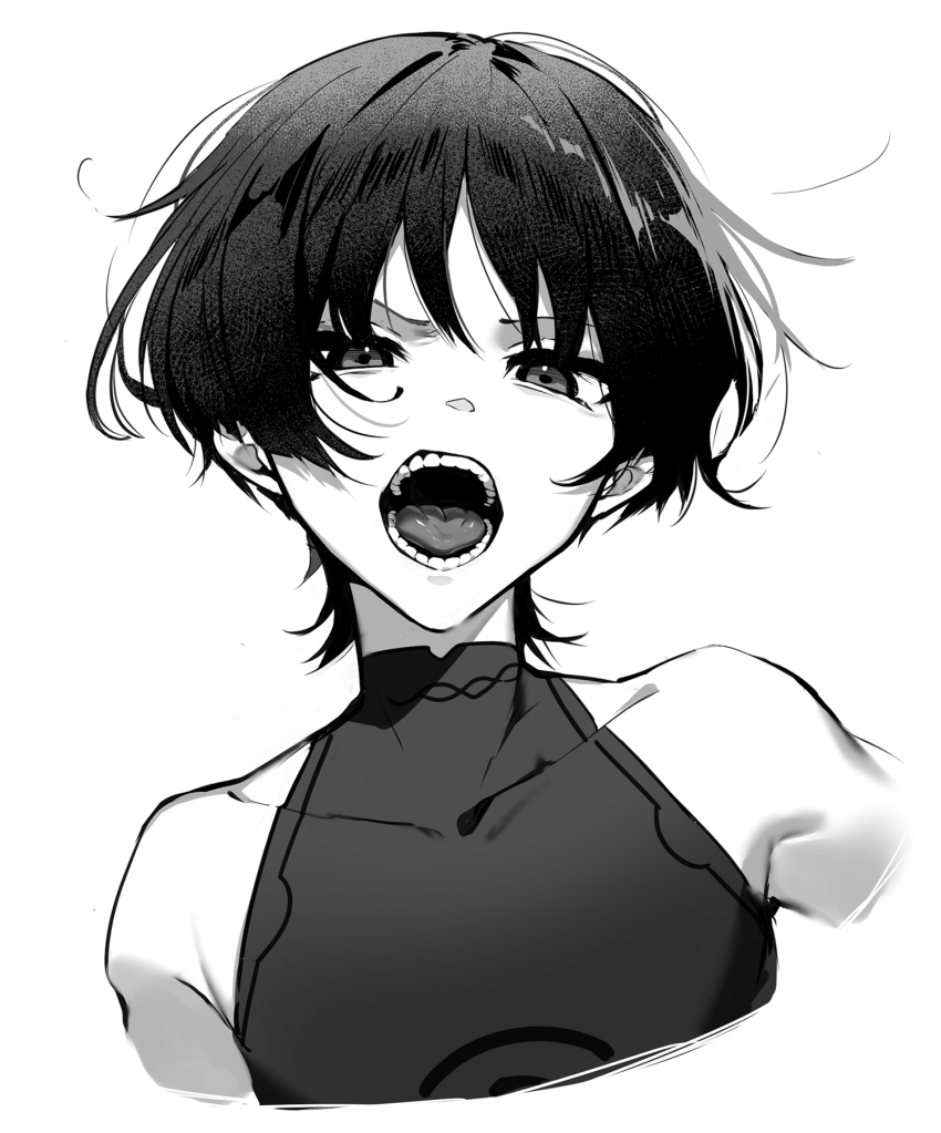 1boy armpit_crease bare_shoulders blunt_ends bodysuit buku2_suisou collarbone genshin_impact highres looking_at_viewer loose_hair_strand male_focus mandarin_collar monochrome open_mouth scaramouche_(genshin_impact) solo teeth tongue upper_body wanderer_(genshin_impact) white_background