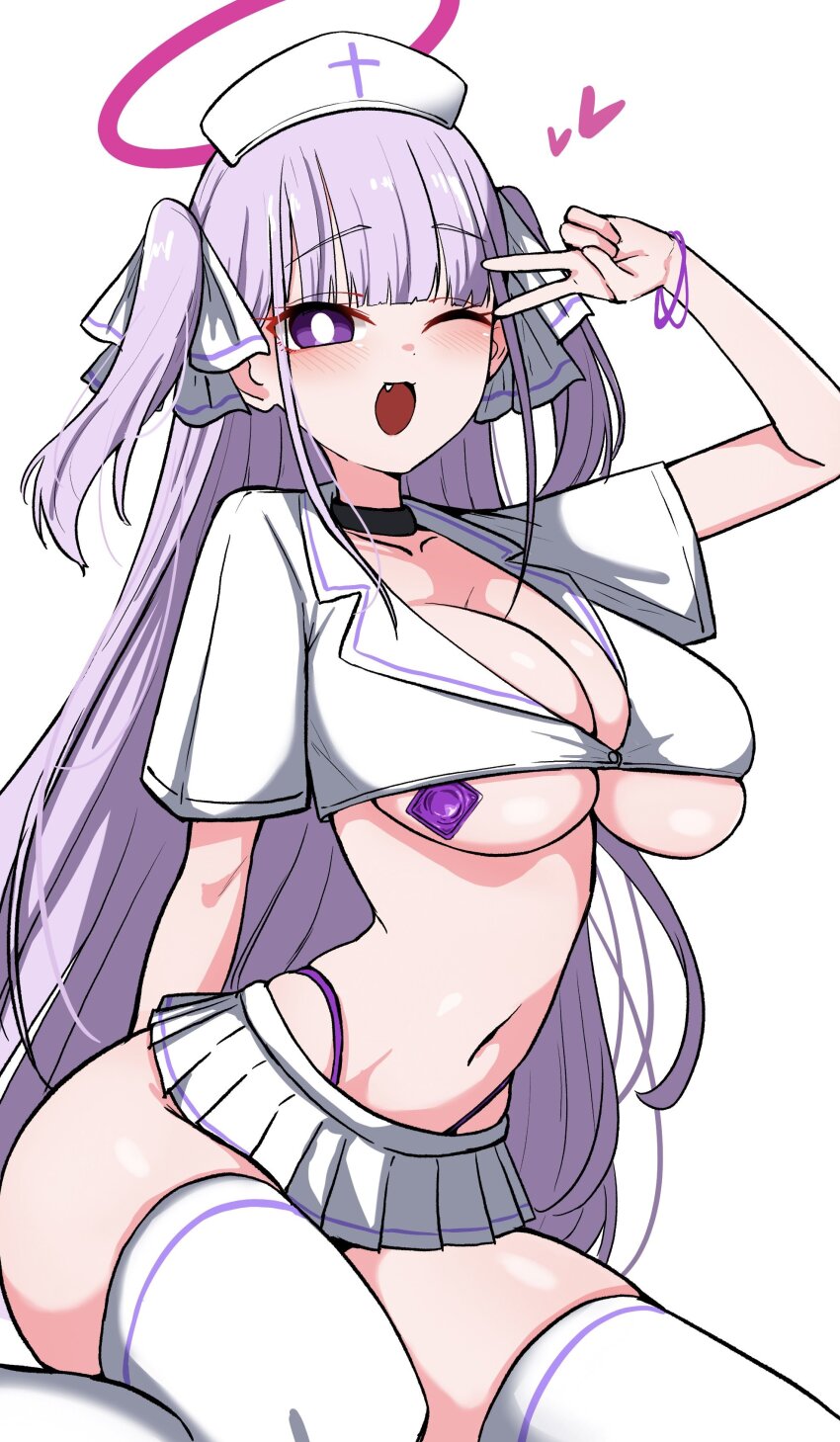 absurdres black_choker breasts choker cleavage condom condom_wrapper_in_clothes crop_top gyaru halo hat heart highres large_breasts long_hair microskirt navel nurse nurse_cap oha_(oha_h22) one_eye_closed original panties pink_halo purple_eyes purple_hair purple_panties school_uniform sharurune_(oha) sitting skindentation skirt thighhighs thong two_side_up underwear v v_over_eye very_long_hair wariza white_skirt white_thighhighs