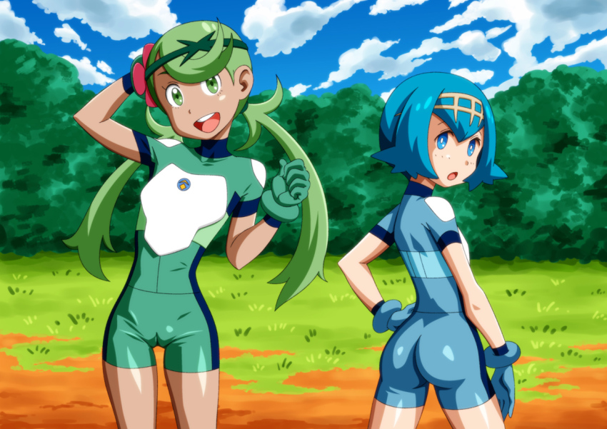 2girls :d :o blue_bodysuit blue_eyes blue_hair bodysuit bright_pupils bush cameltoe carinae cloud commentary_request day flower freckles gloves grass green_bodysuit green_eyes green_gloves green_hair green_headband hair_flower hair_ornament hand_on_own_hip headband impossible_bodysuit impossible_clothes lana_(pokemon) loli long_hair mallow_(pokemon) multiple_girls nintendo no_sclera open_mouth outdoors pink_flower pokemon pokemon_(anime) pokemon_sm_(anime) short_hair skin_tight sky smile swept_bangs teeth tongue twintails ultra_guardians_uniform upper_teeth_only white_pupils
