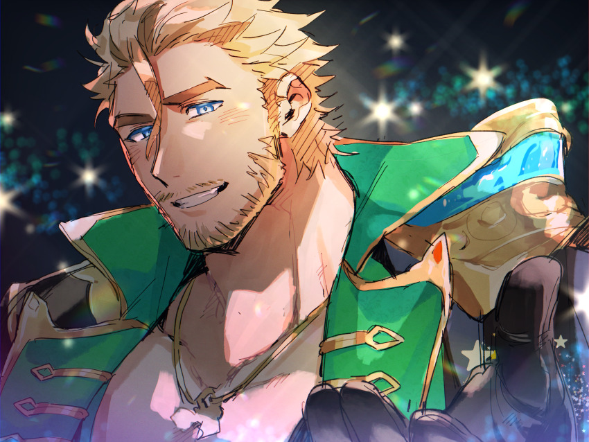 1boy absurdres adam&#039;s_apple bara black_gloves blonde_hair blue_eyes coat commentary_request facial_hair gloves green_coat grin hagiography highres jewelry live_a_hero looking_at_viewer male_focus mature_male mustache necklace roudin short_hair smile star_(symbol)