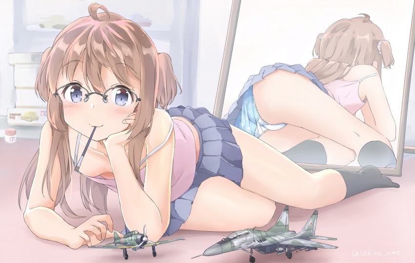 1girl a6m_zero ahoge aircraft airplane amemiya_sekira artist_name ass bedroom black_socks blue_eyes blue_panties blue_skirt blush breasts brown_hair camisole chest_of_drawers collarbone downblouse drawer eyebrows female_focus full_body glasses hair_between_eyes hand_on_own_cheek hand_on_own_face head_rest highres indoors kneehighs looking_at_viewer lying mig-29 military_vehicle miniskirt mirror model mouth_hold no_bra no_shoes on_floor on_side original over-rim_eyewear paintbrush panties pantyshot pantyshot_through_reflection pleated_skirt polka_dot polka_dot_panties propeller_fighter reflection sekira_ame semi-rimless_eyewear skirt sleeveless small_breasts smile socks solo strap_slip twitter_username two_side_up underwear upskirt