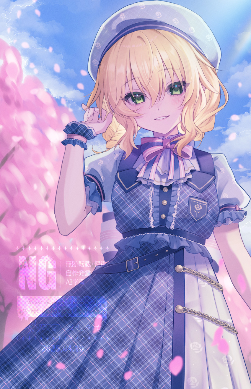 1girl absurdres beret blonde_hair blue_hat blue_shirt blush center_frills cherry_blossoms colored_skin commentary_request falling_petals frilled_sleeves frilled_wristband frills green_eyes hat highres idolmaster idolmaster_cinderella_girls idolmaster_cinderella_girls_starlight_stage looking_at_viewer medium_hair multicolored_skin outdoors parted_lips petals pleated_skirt puffy_short_sleeves puffy_sleeves sakurai_momoka shirt short_sleeves skirt solo two-tone_skin watermark yougu_ruto