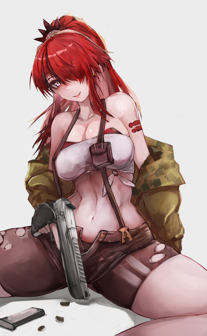 1girl :p absurdres bandeau bare_shoulders black_gloves black_hair black_shorts breasts cleavage commentary_request fingerless_gloves gloves green_jacket grey_background gun handgun highres holding holding_gun holding_weapon jacket kisumun lain_paterson large_breasts long_hair long_sleeves looking_at_viewer midriff multicolored_hair navel nijisanji off_shoulder open_clothes open_fly open_jacket ponytail purple_eyes red_hair short_shorts shorts simple_background sitting smile solo spread_legs stomach strapless streaked_hair suspenders tongue tongue_out tube_top virtual_youtuber weapon