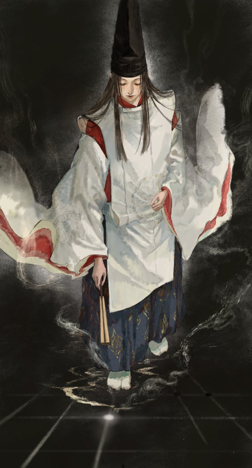 1boy black_background black_hair board_game chessboard closed_mouth elyonlz closed_eyes facing_viewer folding_fan fujiwara_no_sai full_body go_(board_game) hakama hand_fan hat highres hikaru_no_go holding holding_fan japanese_clothes kariginu long_hair male_focus no_shoes playing_games smoke solo straight_hair tabi tate_eboshi walking white_legwear wide_sleeves