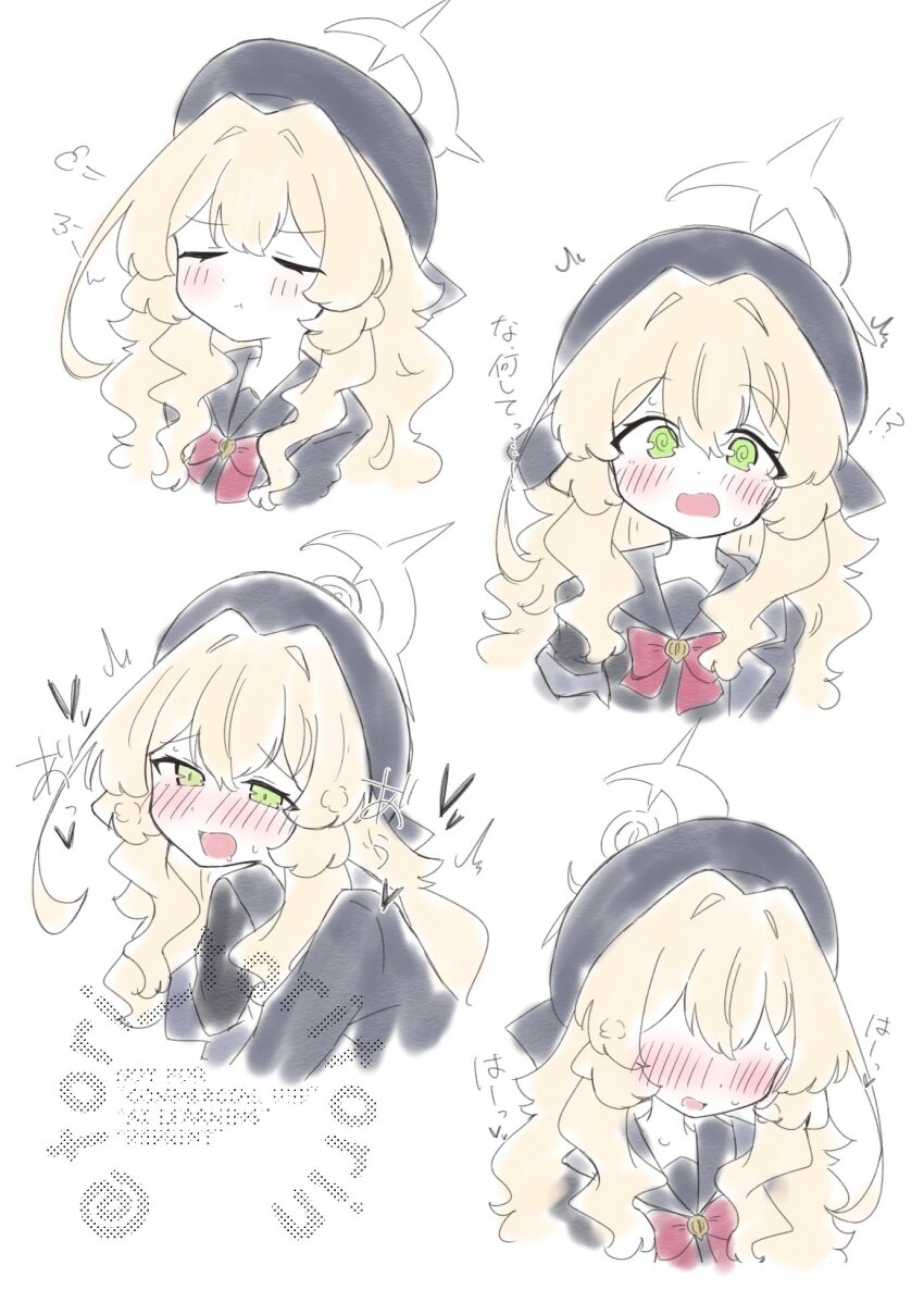 !? 1girl @_@ ^^^ beret black_hat black_jacket black_sailor_collar black_shirt blonde_hair blue_archive blush bow closed_eyes closed_mouth commentary_request cropped_torso faceless faceless_female green_eyes hair_between_eyes halo hat highres jacket kujou_karasuma long_hair multiple_views nose_blush open_mouth pout professor_niyaniya_(blue_archive) red_bow sailor_collar shirt sketch small_sweatdrop sweat translation_request twitter_username upper_body watermark wavy_mouth