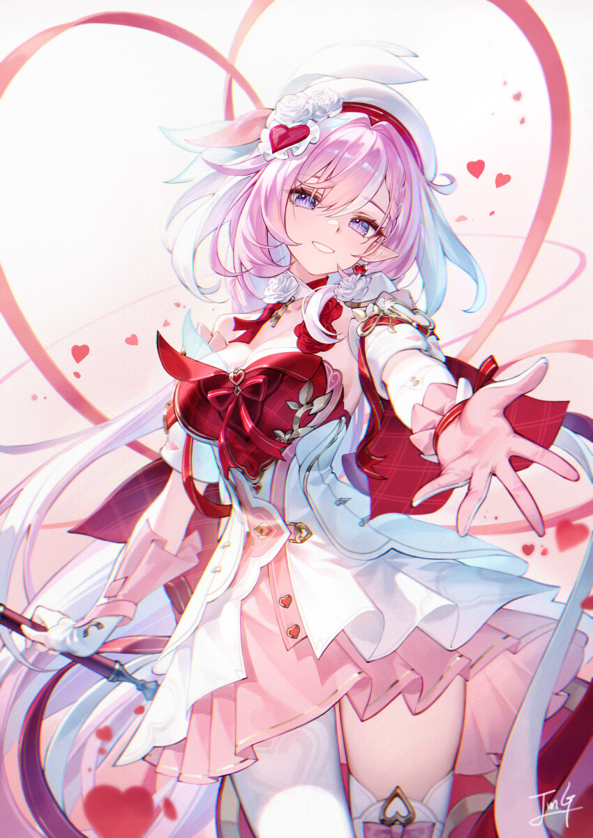 1girl absurdres asymmetrical_gloves baek_hyang braid braided_bangs breasts cleavage commentary_request cowboy_shot diamond-shaped_pupils diamond_(shape) dress earrings elysia_(hi_love_elf)_(honkai_impact) elysia_(honkai_impact) gloves hair_intakes hair_ornament hat heart heart_earrings heart_hair_ornament highres honkai_(series) honkai_impact_3rd jewelry large_breasts long_hair looking_at_viewer mismatched_gloves offering_hand outstretched_arm pantyhose parted_lips pink_hair pointy_ears purple_eyes signature single_leg_pantyhose single_thighhigh smile solo symbol-shaped_pupils thighhighs thighs very_long_hair white_dress white_hat white_pantyhose