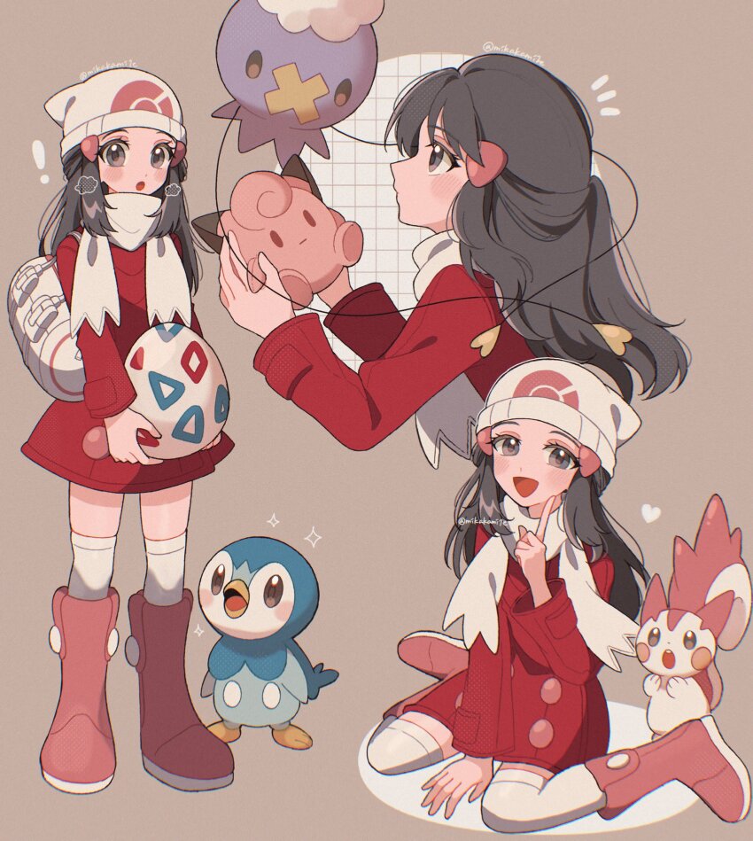 alternate_color beanie black_hair blue_hair blush boots cleffa dawn_(pokemon) drifloon egg game_freak gen_2_pokemon gen_4_pokemon hair_ornament hairclip hat highres long_hair looking_at_viewer mikakami1e nintendo open_mouth pachirisu pink_boots piplup pokemon pokemon_(creature) pokemon_dppt pokemon_egg pokemon_platinum scarf shiny_pokemon smile togepi white_hat