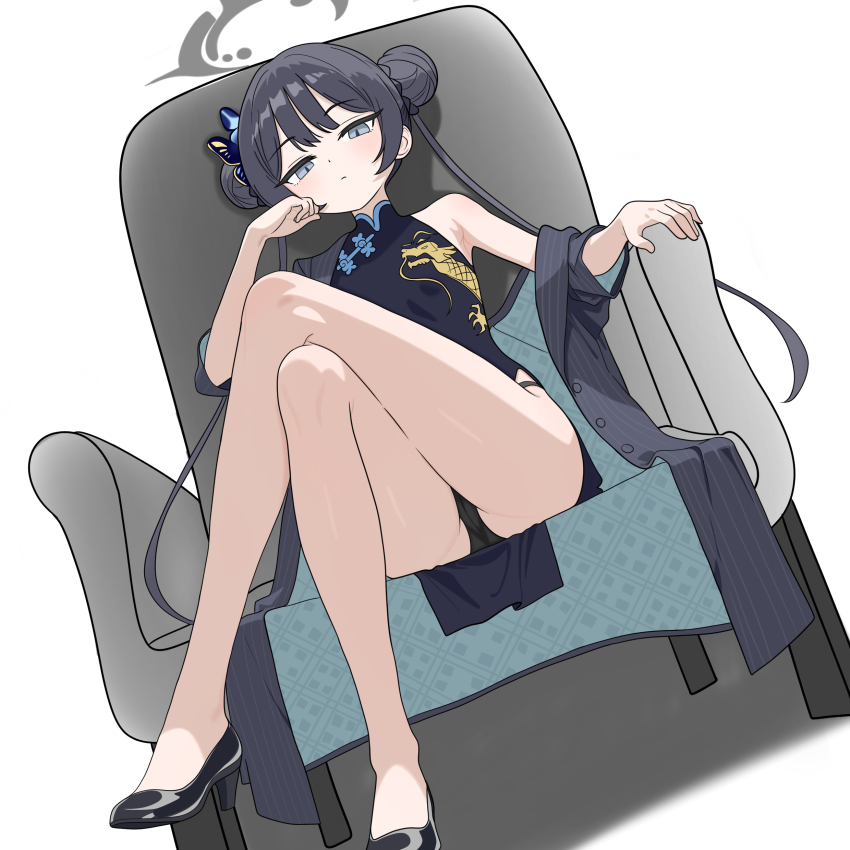 1girl absurdres black_hair black_panties black_shoes blue_archive bun_with_braided_base butterfly_hair_ornament cameltoe chair china_dress chinese_clothes crossed_legs double_bun dragon_print dress grey_eyes grey_halo hair_bun hair_ornament halo hand_on_own_face high_heels highres jacket kisaki_(blue_archive) loli open_clothes open_jacket panties pantyshot pinstripe_jacket pinstripe_pattern shoes sitting sleeveless solo underwear user_fgxy7742