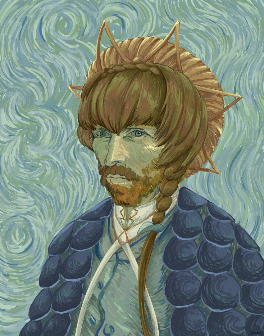 1boy beard blue_eyes braid brown_hair crown_braid facial_hair fate/grand_order fate_(series) fine_art_parody hat highres impressionism kimleon long_hair looking_at_viewer male_focus mature_male meme parody real_life side_braid solo upper_body van_gogh_(fate) van_gogh_(first_ascension)_(fate) van_gogh_self-portrait vincent_van_gogh_(person) vincent_van_gogh_(style) yellow_hat